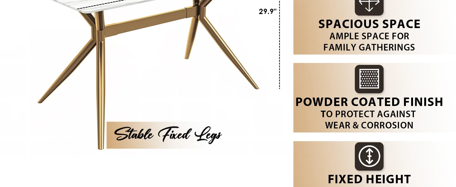 Elega Series Gold Stainless Steel Dining Table 55" With White/Gold Sintered Stone Top