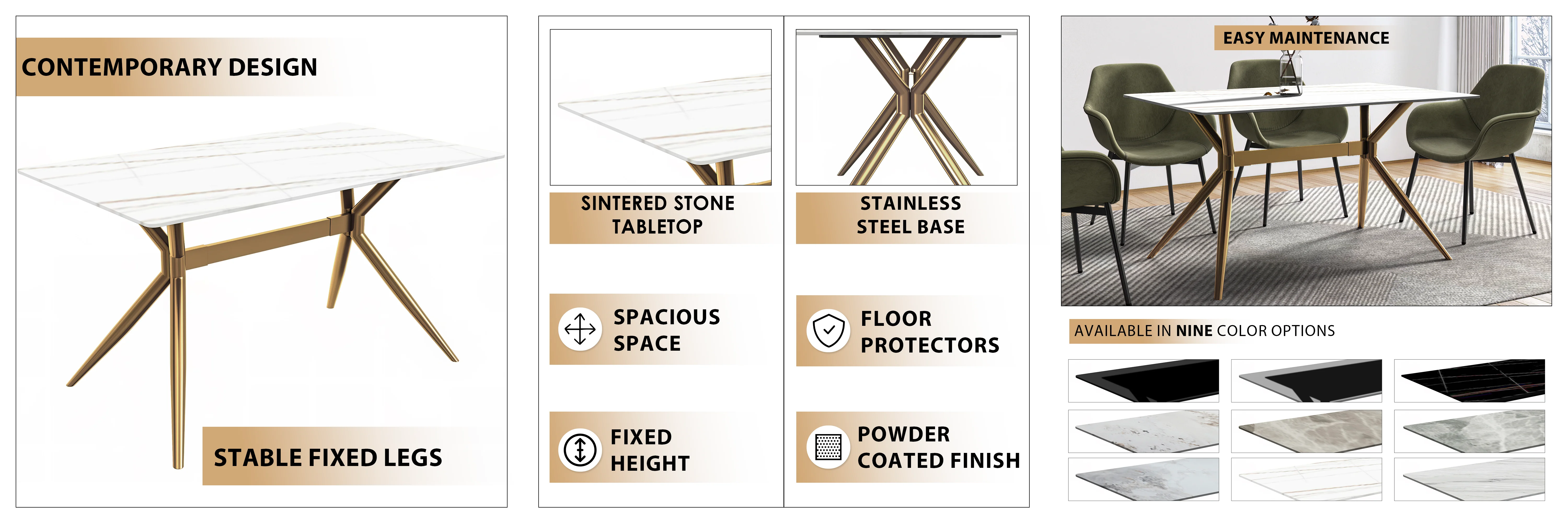 Elega Series Gold Stainless Steel Dining Table 55" With White/Gold Sintered Stone Top