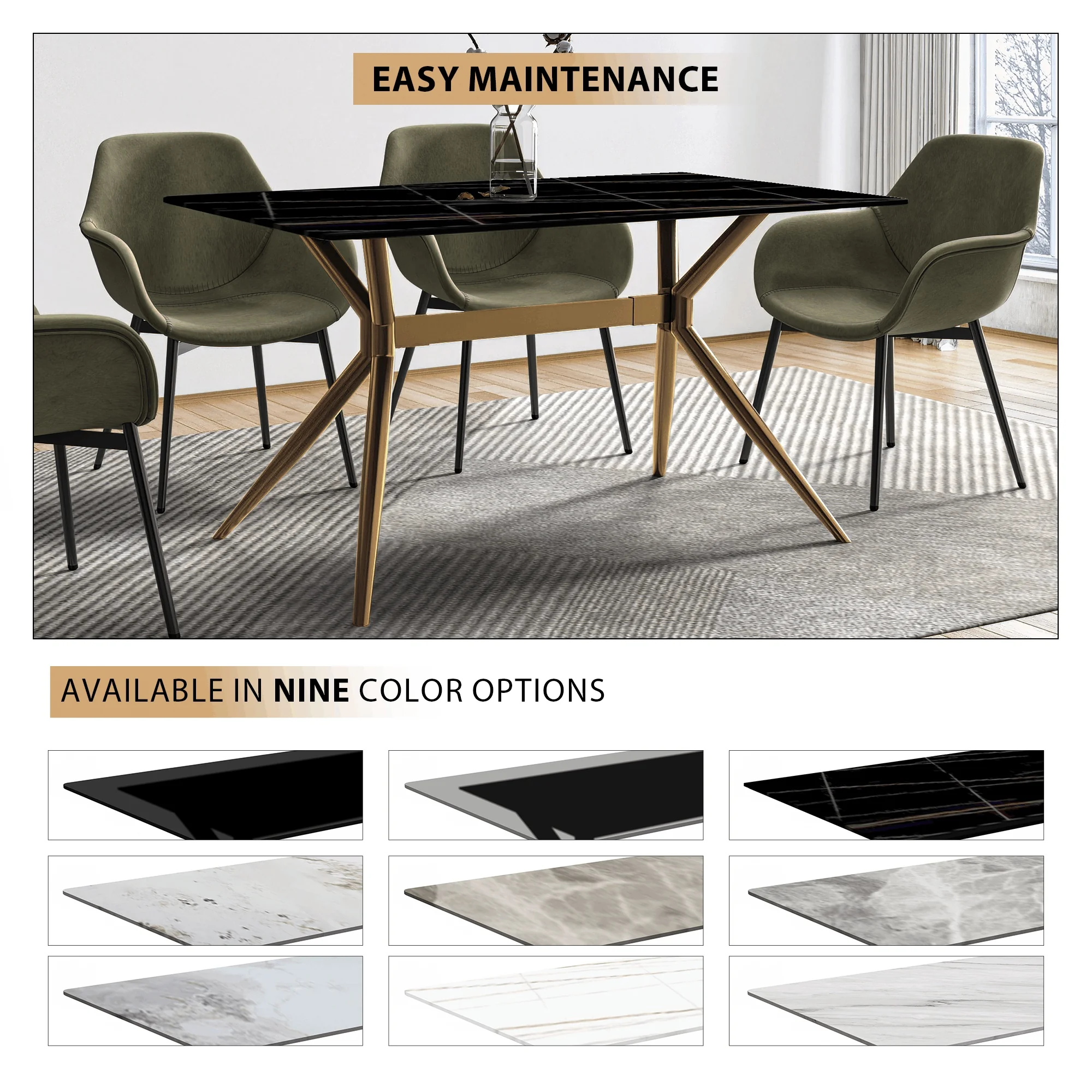 Elega Series Gold Stainless Steel Dining Table 62" With Black/Gold Sintered Stone Top