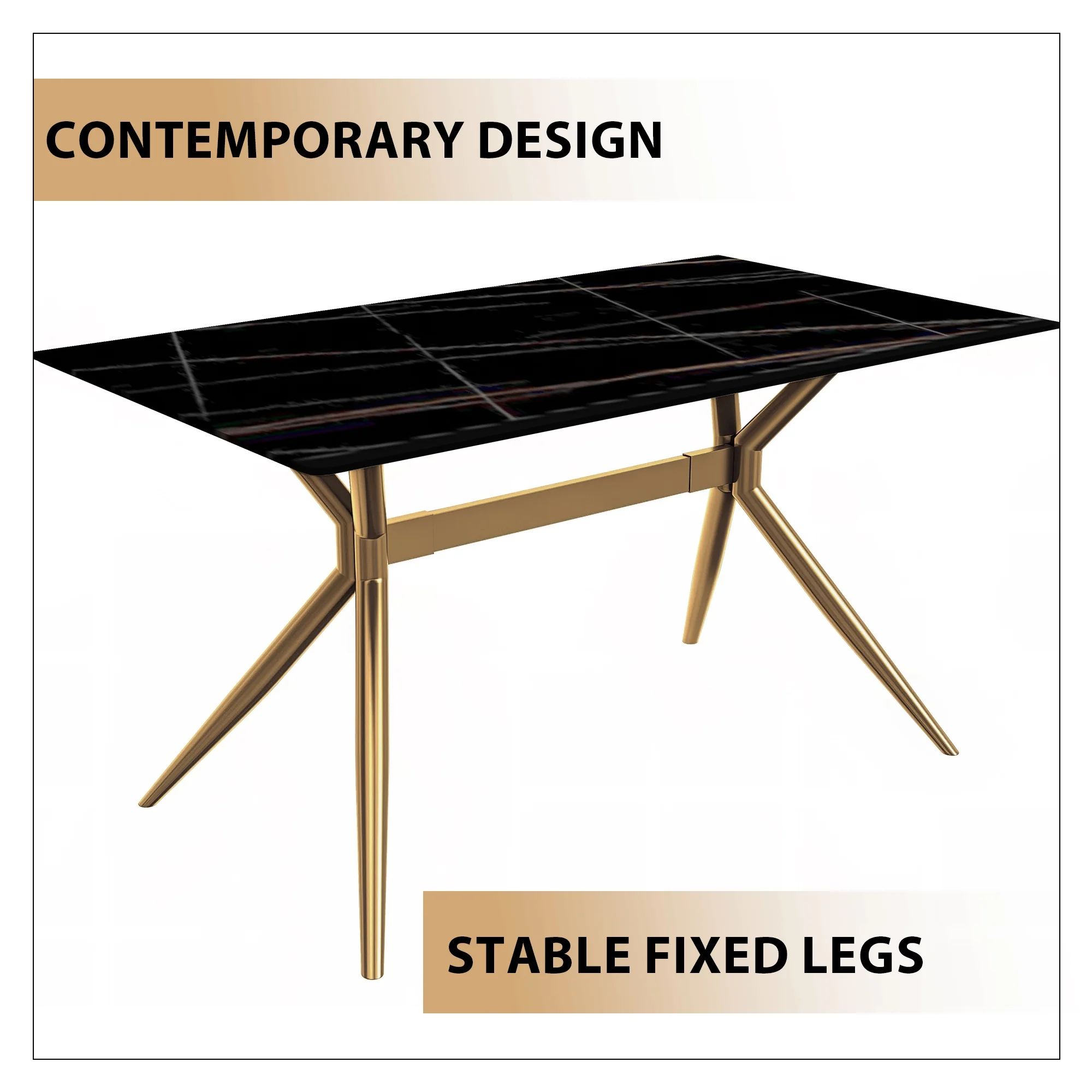 Elega Series Gold Stainless Steel Dining Table 62" With Black/Gold Sintered Stone Top