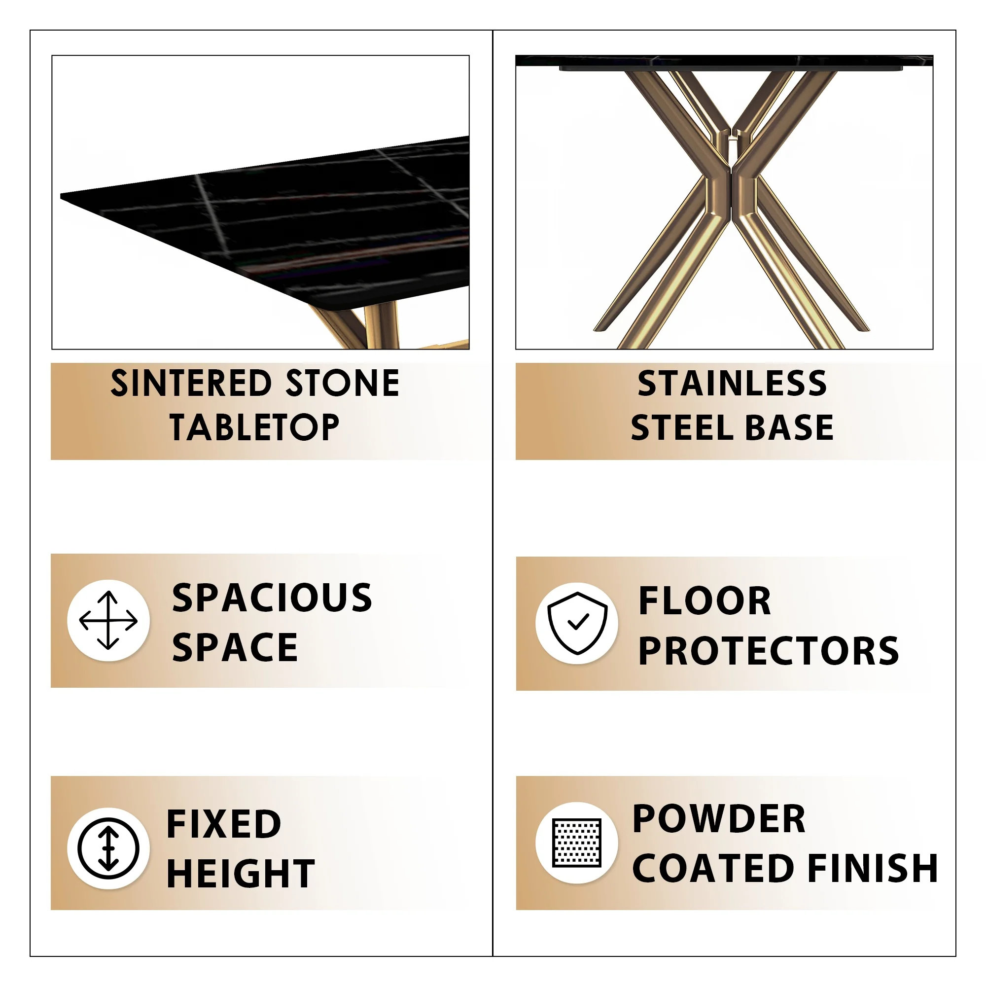 Elega Series Gold Stainless Steel Dining Table 62" With Black/Gold Sintered Stone Top