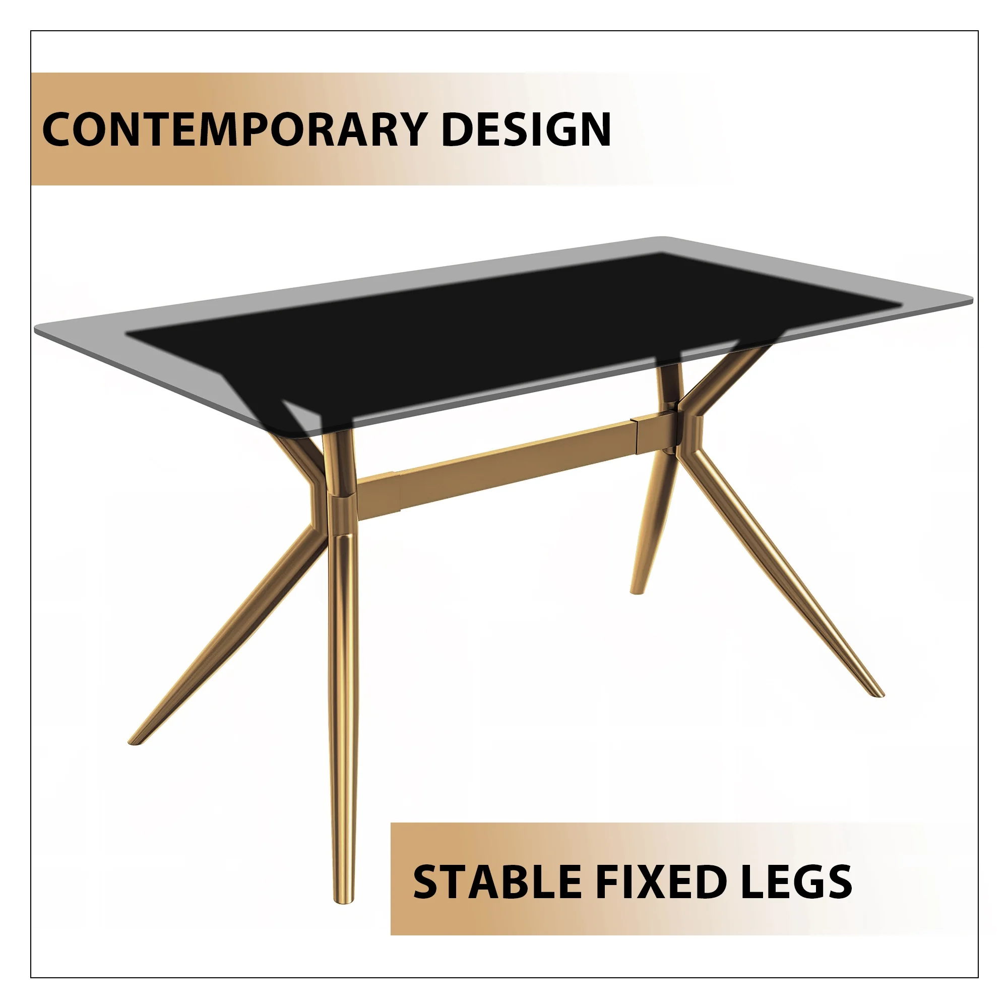 Elega Series Gold Stainless Steel Dining Table 62" With Clear Glass Top