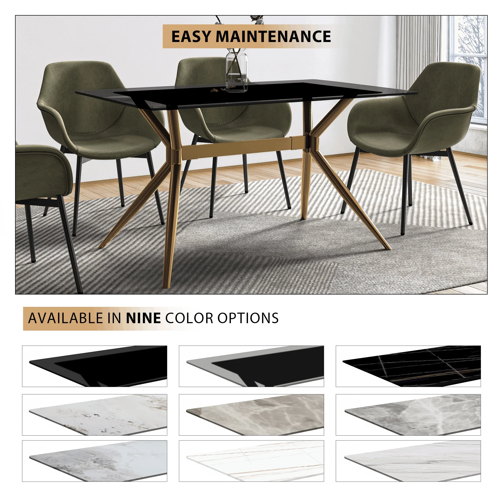 Elega Series Gold Stainless Steel Dining Table 62" With Clear Glass Top