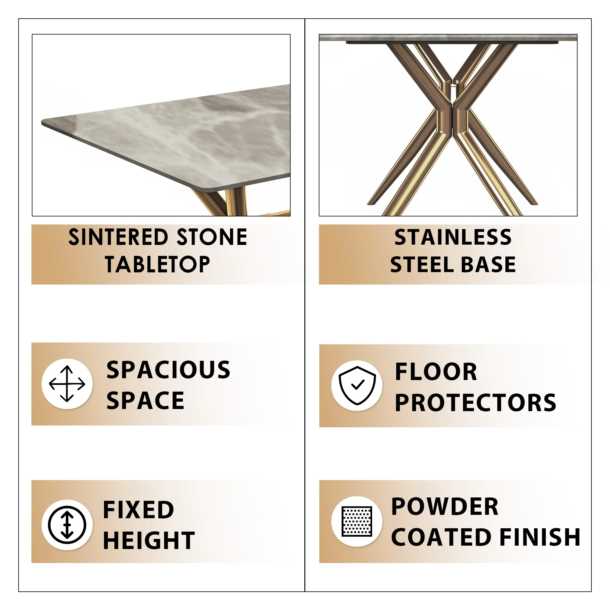 Elega Series Gold Stainless Steel Dining Table 62" With Deep Grey Sintered Stone Top