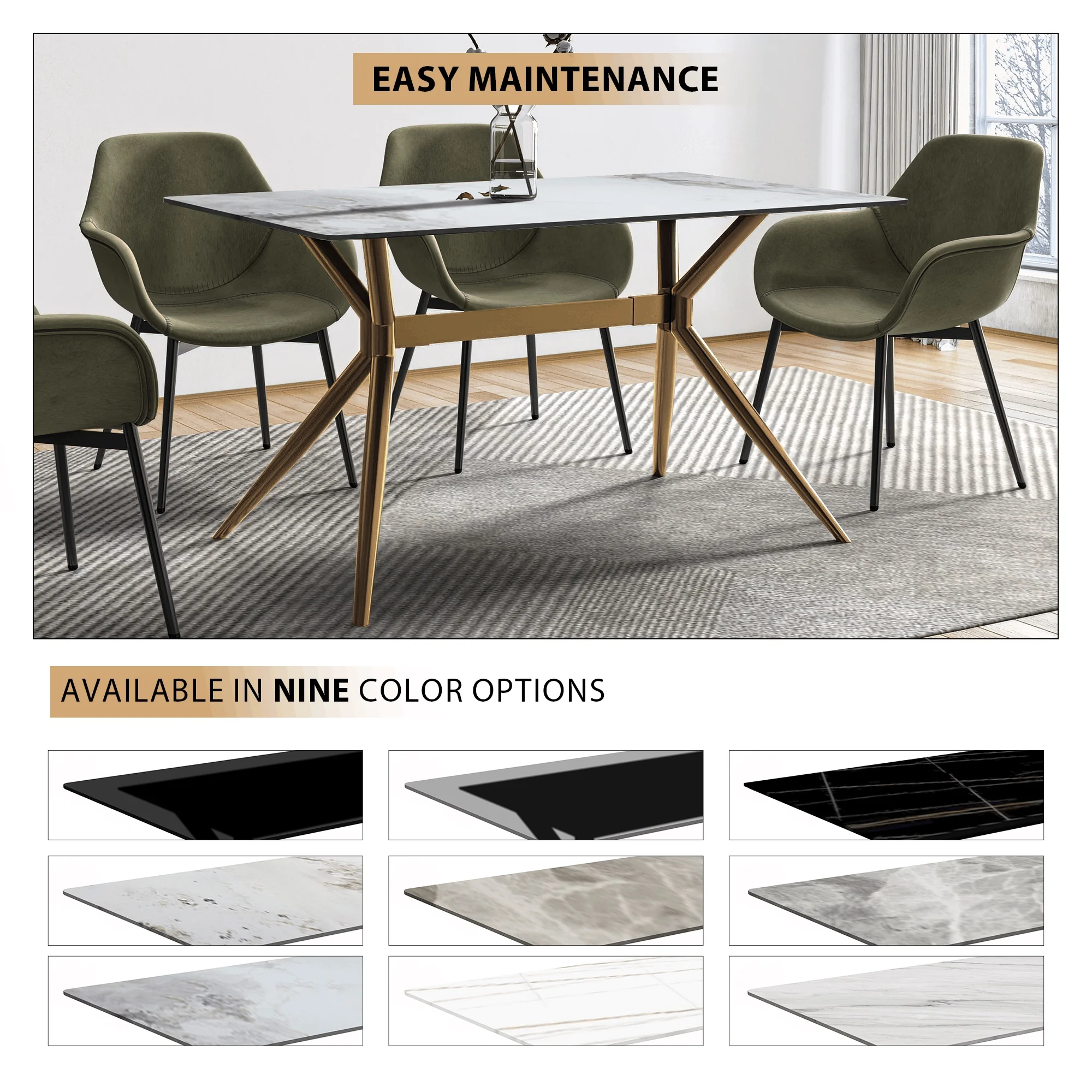 Elega Series Gold Stainless Steel Dining Table 62" With Medium Grey Sintered Stone Top