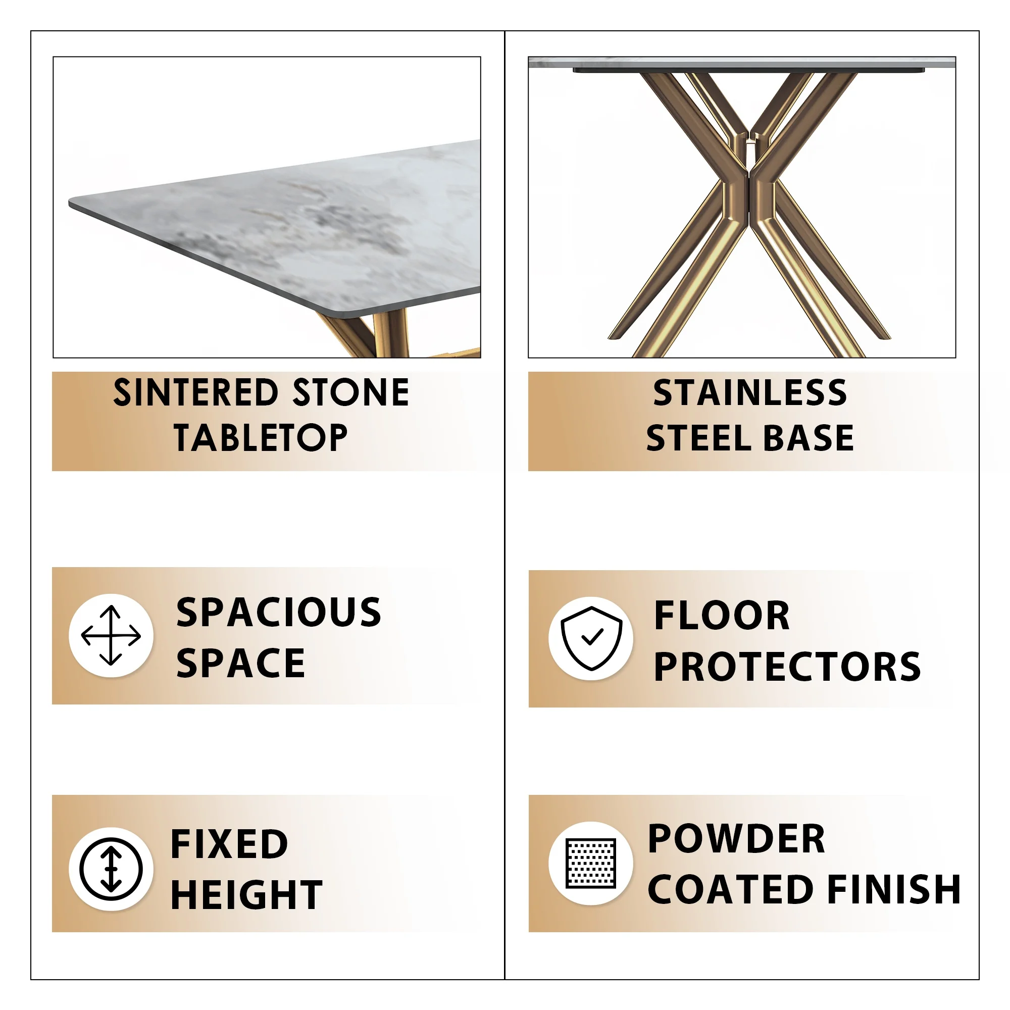 Elega Series Gold Stainless Steel Dining Table 62" With Medium Grey Sintered Stone Top