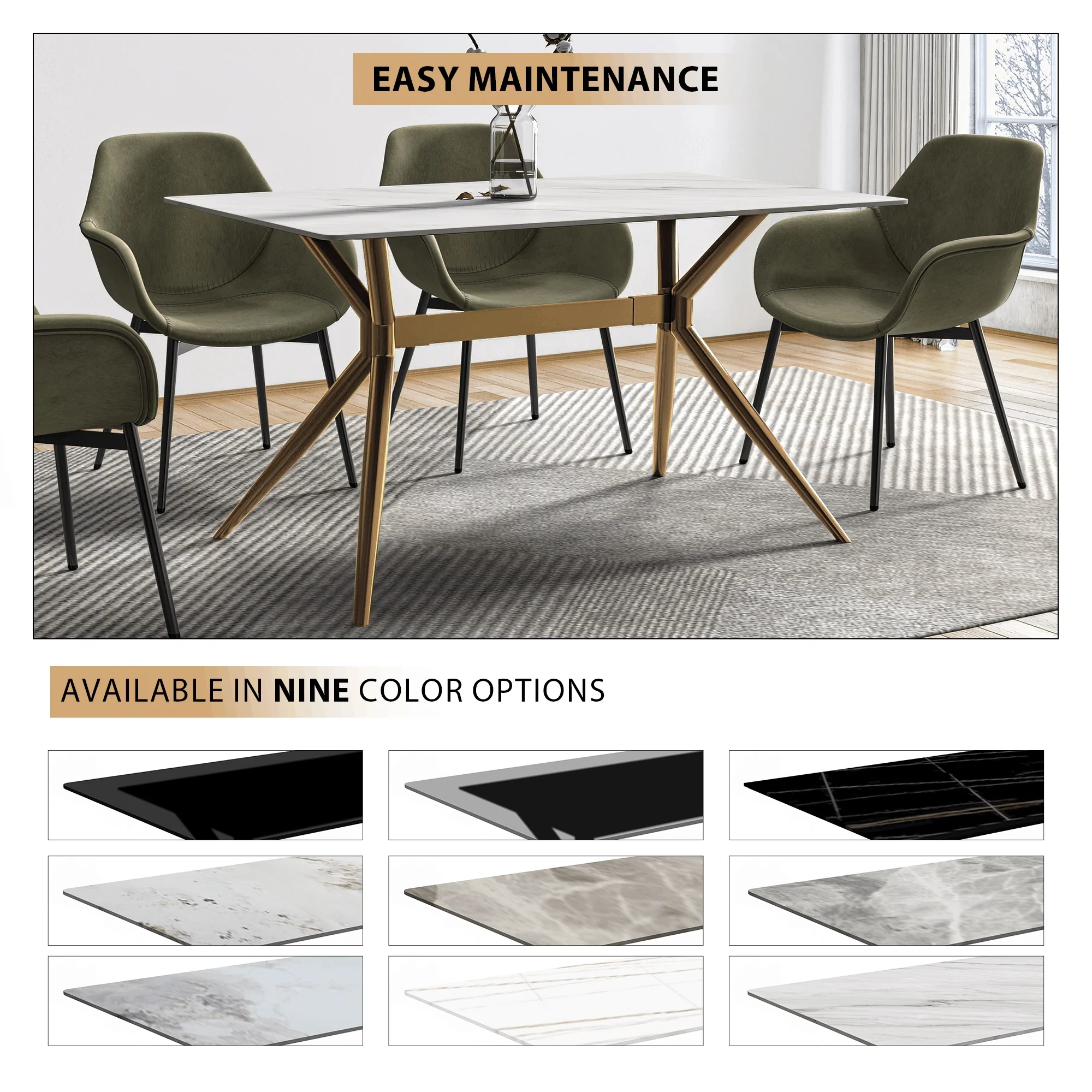 Elega Series Gold Stainless Steel Dining Table 62" With White Sintered Stone Top