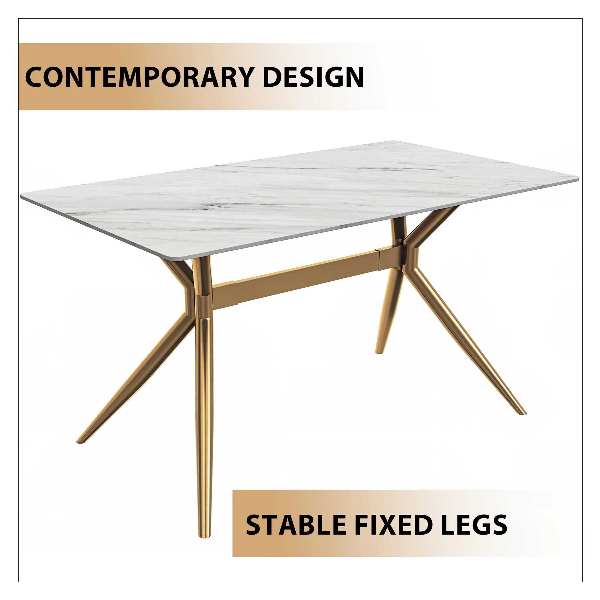 Elega Series Gold Stainless Steel Dining Table 62" With White Sintered Stone Top