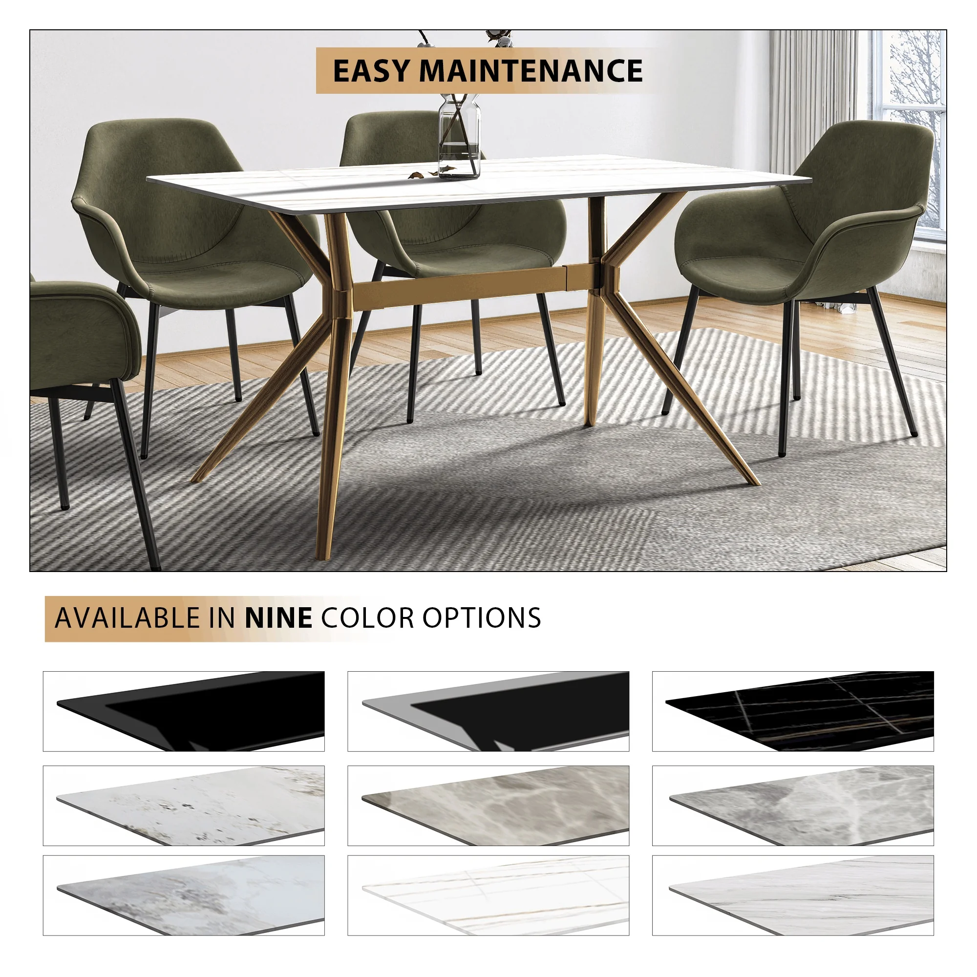 Elega Series Gold Stainless Steel Dining Table 62" With White/Gold Sintered Stone Top