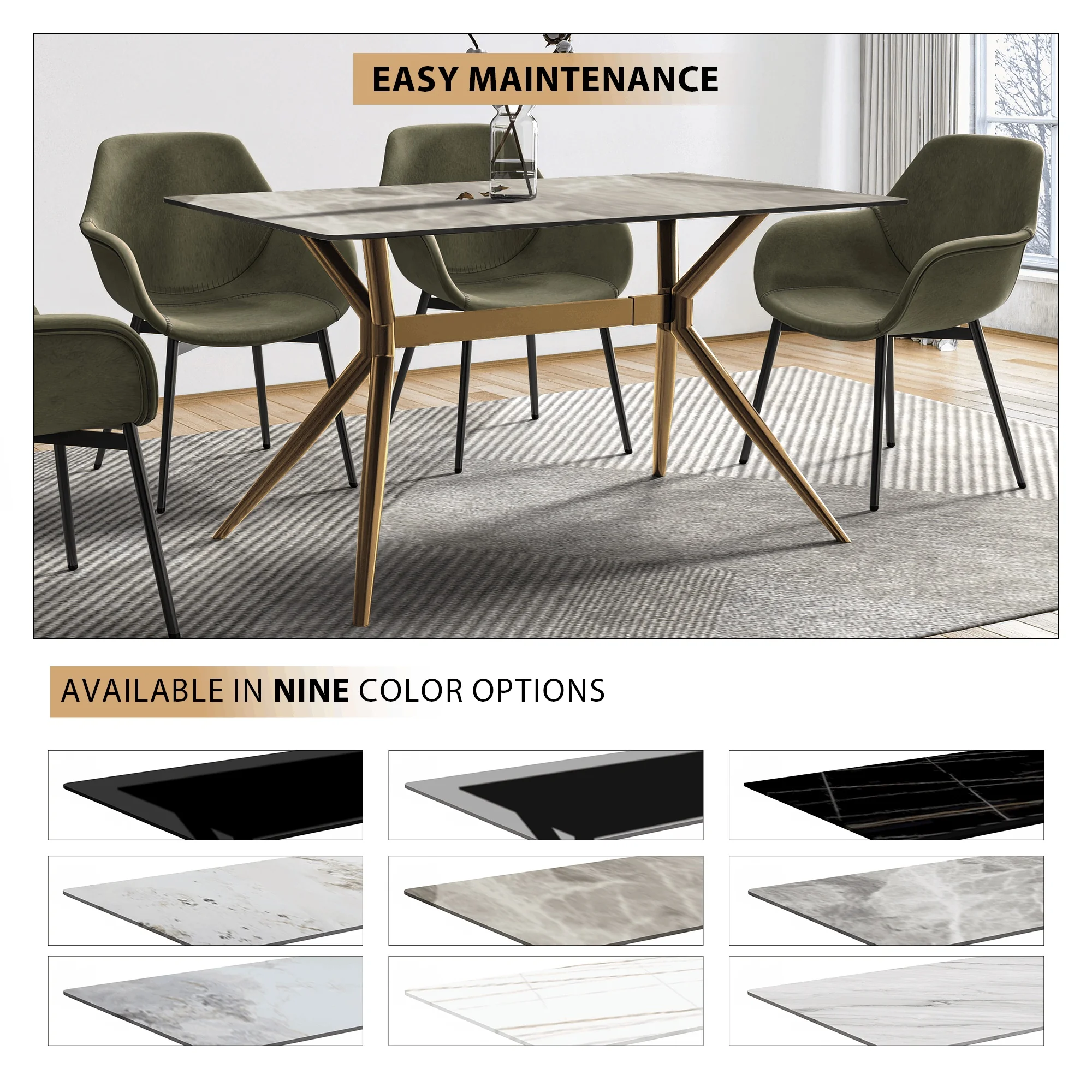 Elega Series Gold Stainless Steel Dining Table 71" With Deep Grey Sintered Stone Top