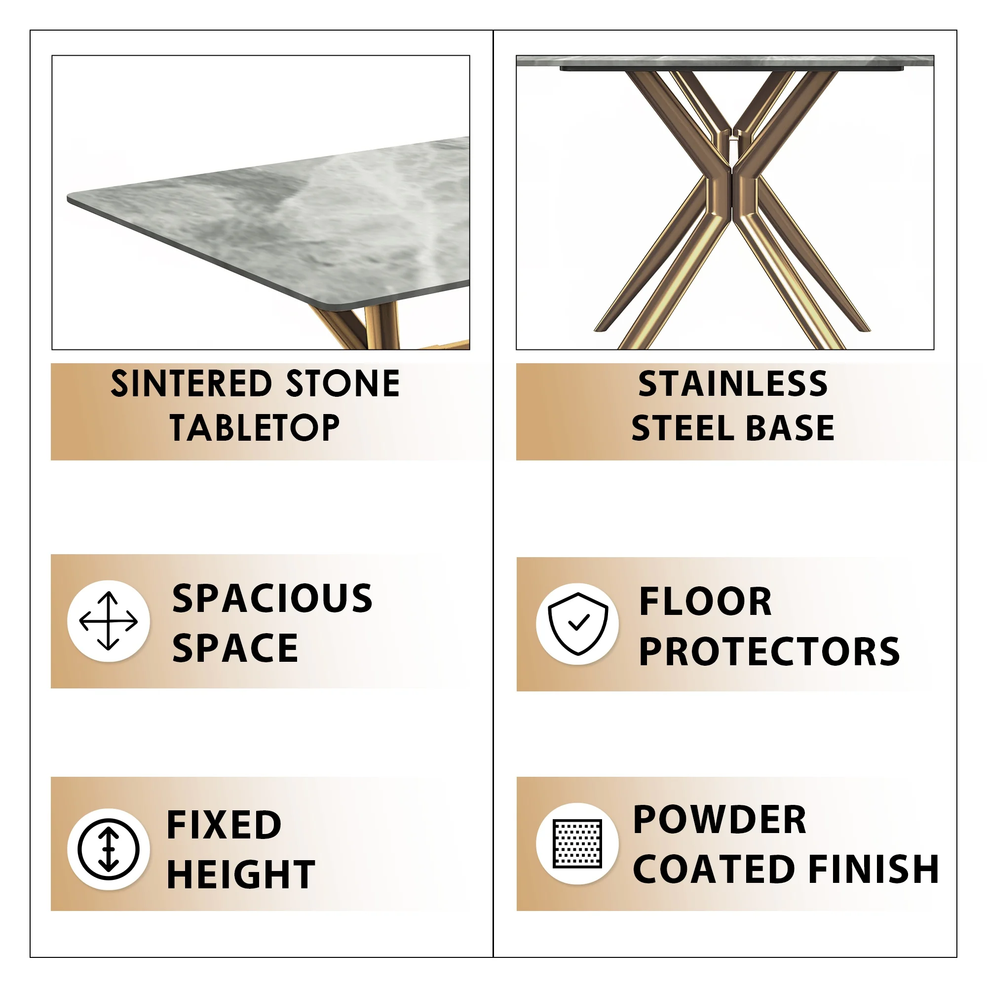 Elega Series Gold Stainless Steel Dining Table 71" With Light Grey Sintered Stone Top