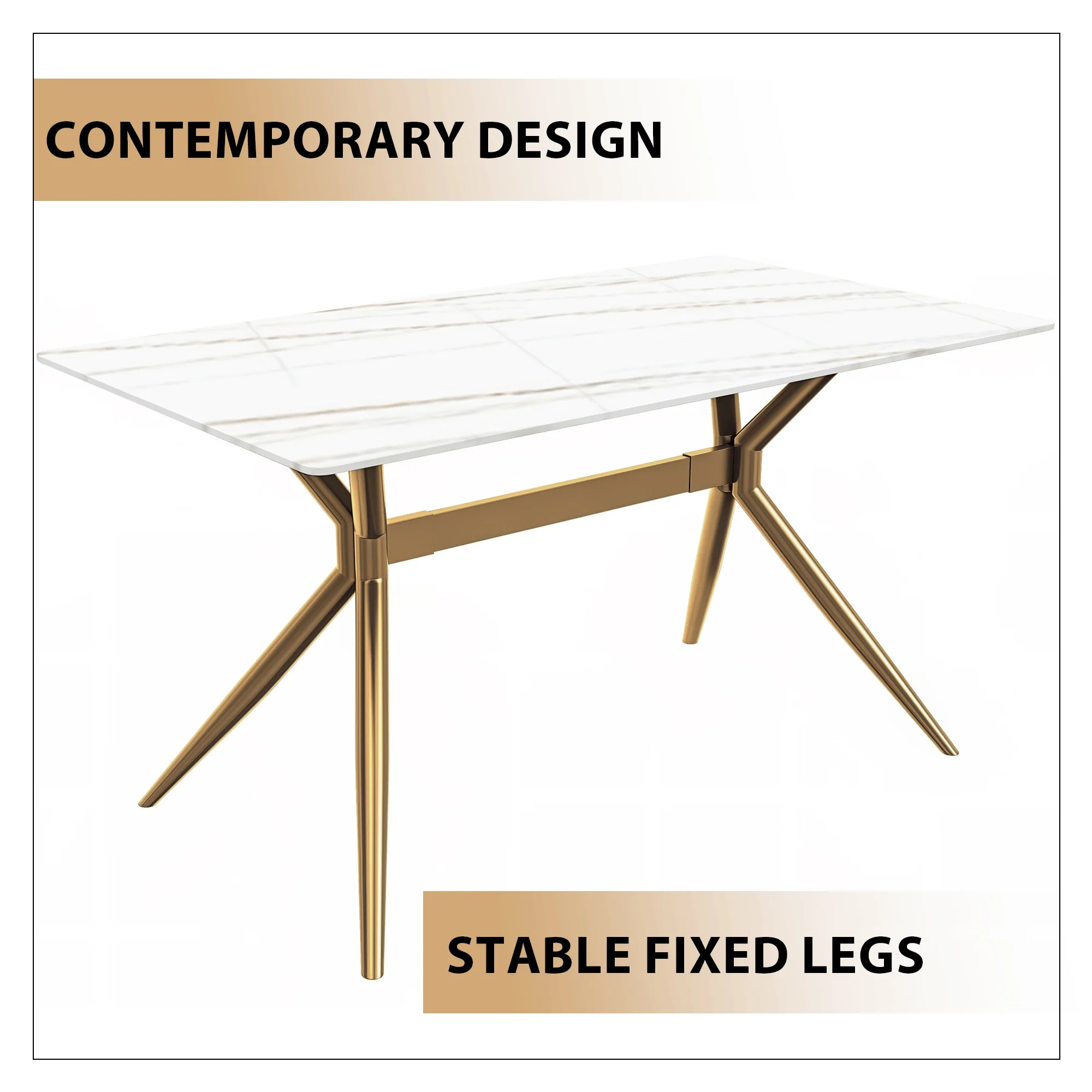 Elega Series Gold Stainless Steel Dining Table 71" With White/Gold Sintered Stone Top