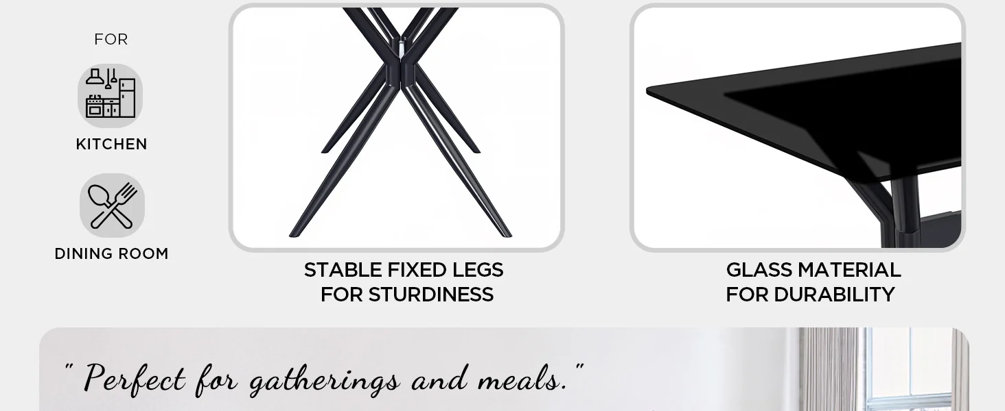 Elega Series Black Stainless Steel Dining Table 55 With Black Glass Top