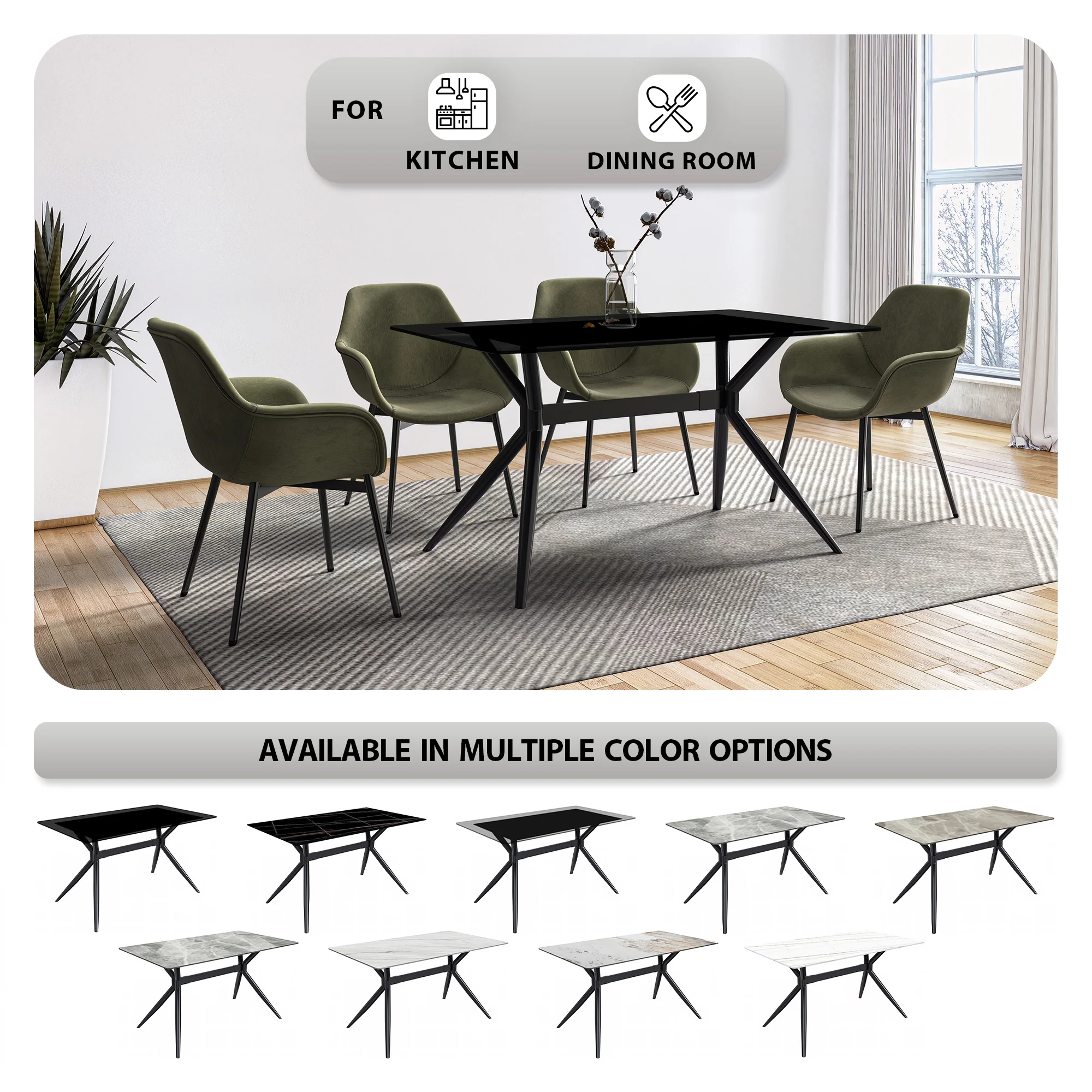 Elega Series Black Stainless Steel Dining Table 55 With Black Glass Top