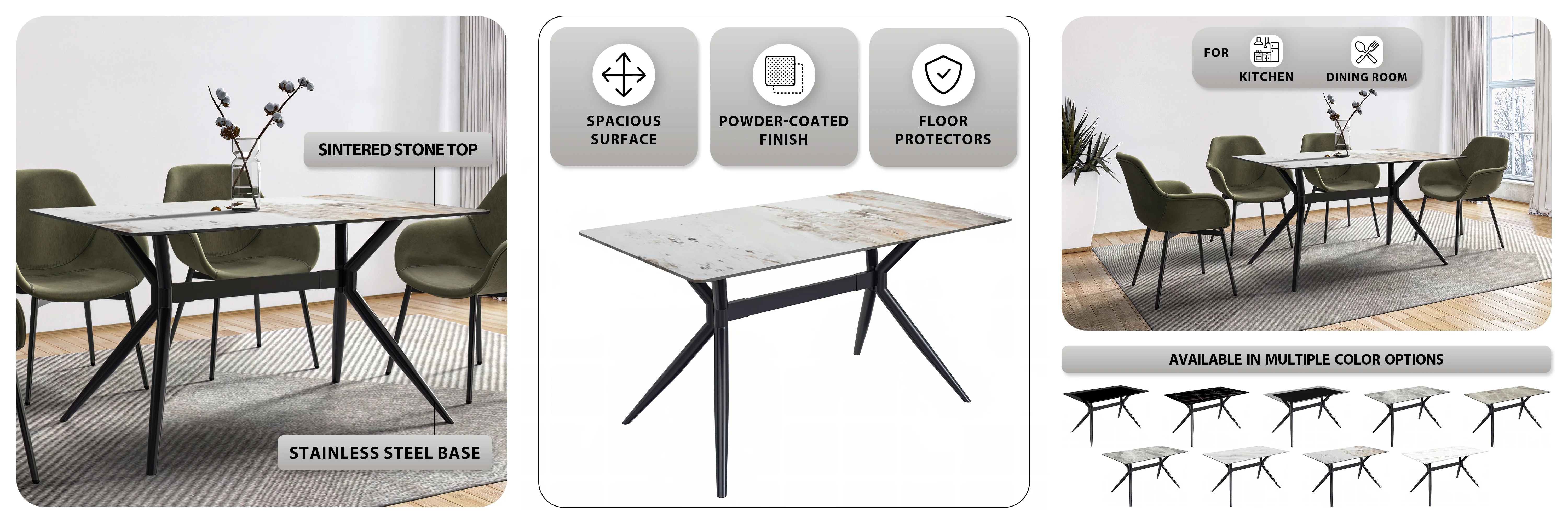 Elega Series Black Stainless Steel Dining Table 55 With White Grey Sintered Stone Top