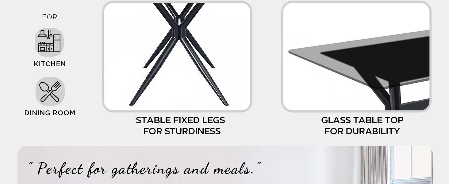 Elega Series Black Stainless Steel Dining Table 55 With Clear Glass Top