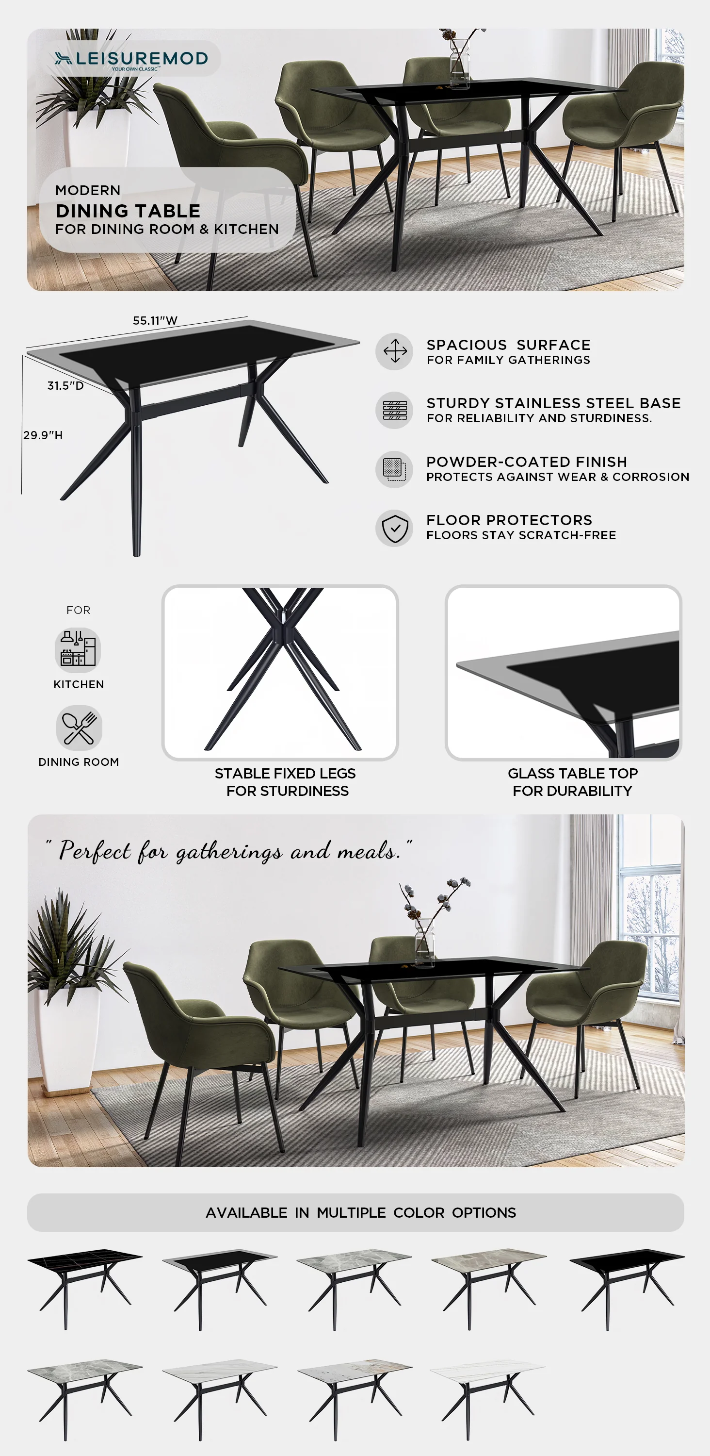 Elega Series Black Stainless Steel Dining Table 55 With Clear Glass Top