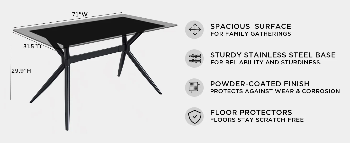 Elega Series Black Stainless Steel Dining Table 55 With Clear Glass Top