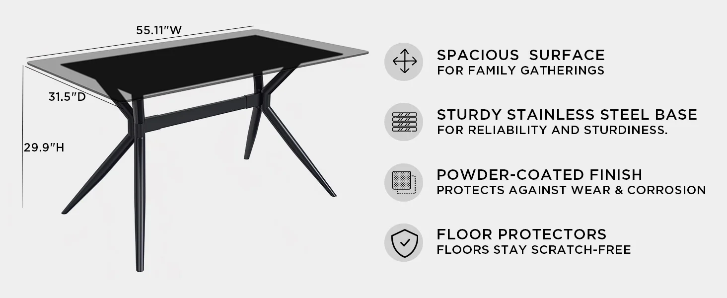 Elega Series Black Stainless Steel Dining Table 55 With Clear Glass Top