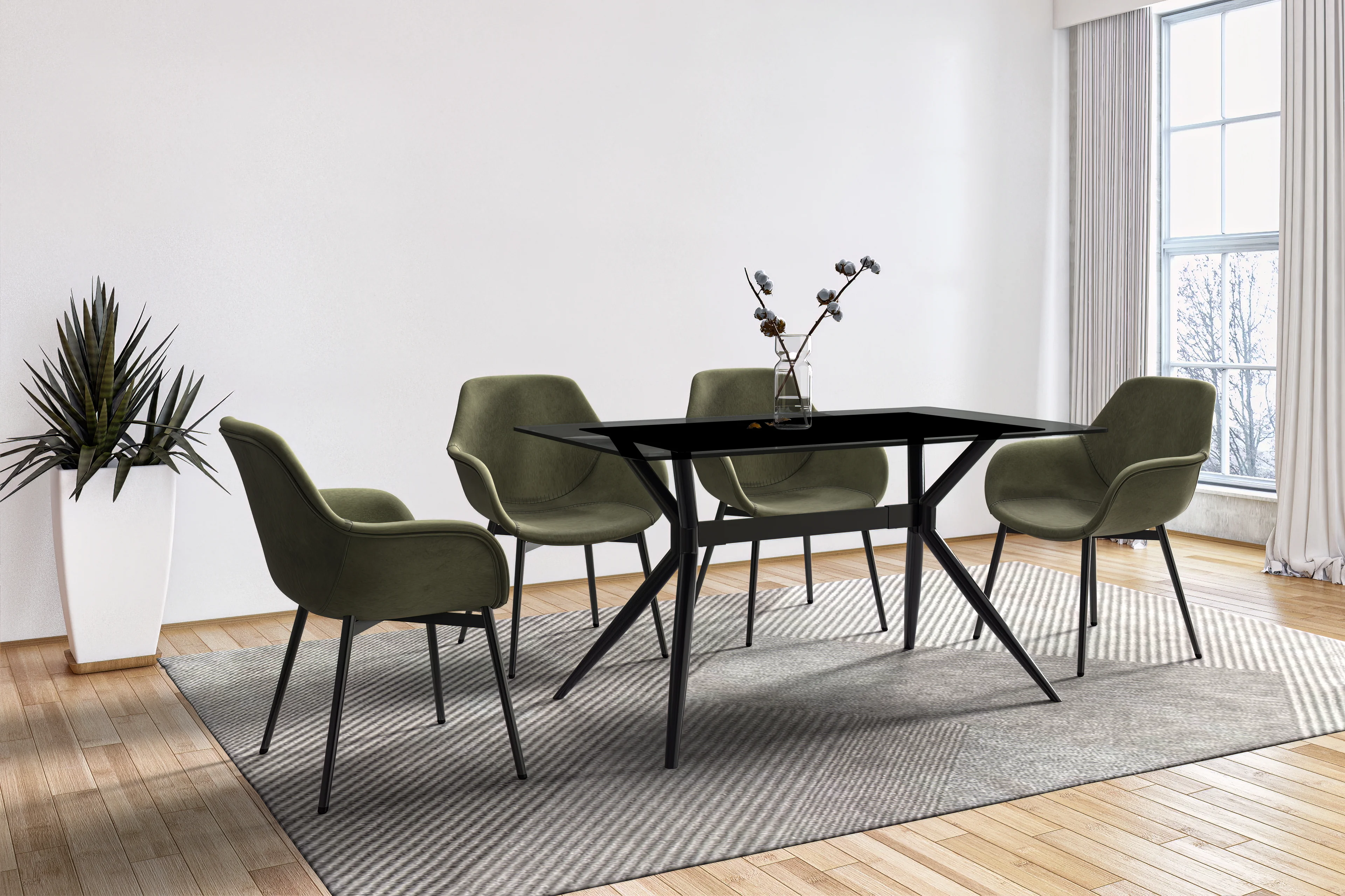 Elega Series Black Stainless Steel Dining Table 55 With Clear Glass Top