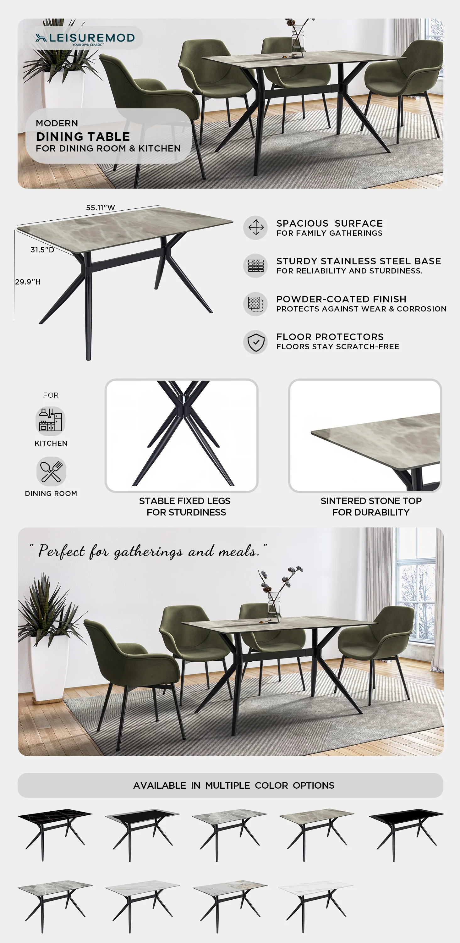 Elega Series Black Stainless Steel Dining Table 55 With Deep Grey Sintered Stone Top