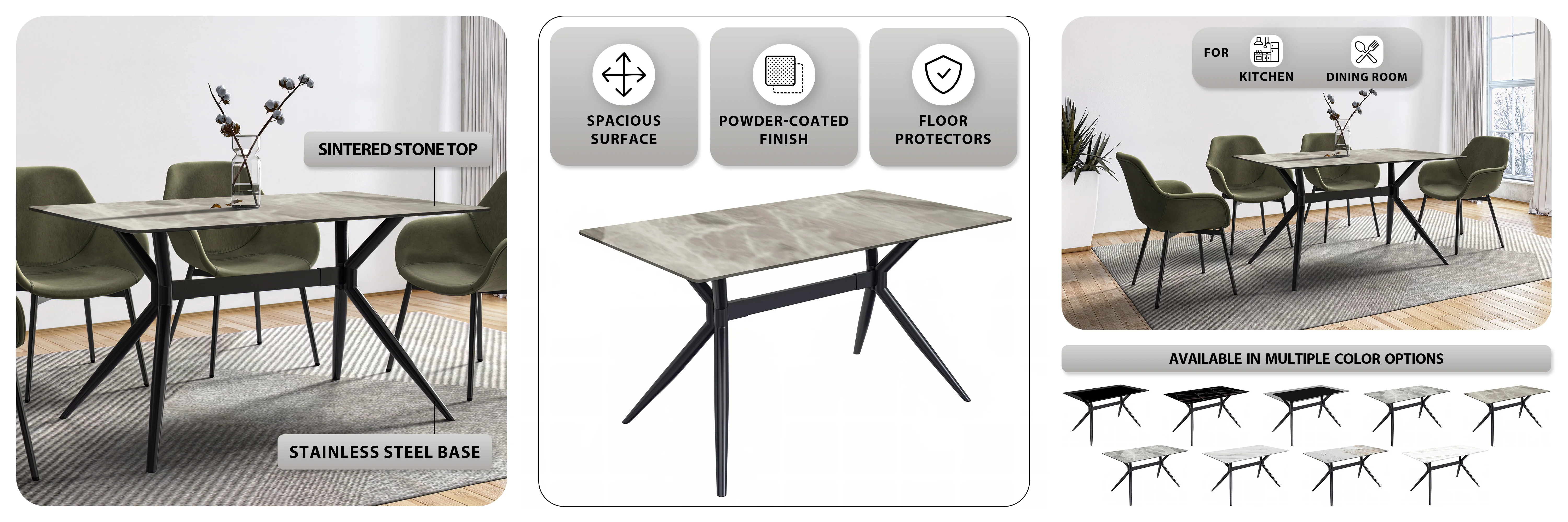 Elega Series Black Stainless Steel Dining Table 55 With Deep Grey Sintered Stone Top