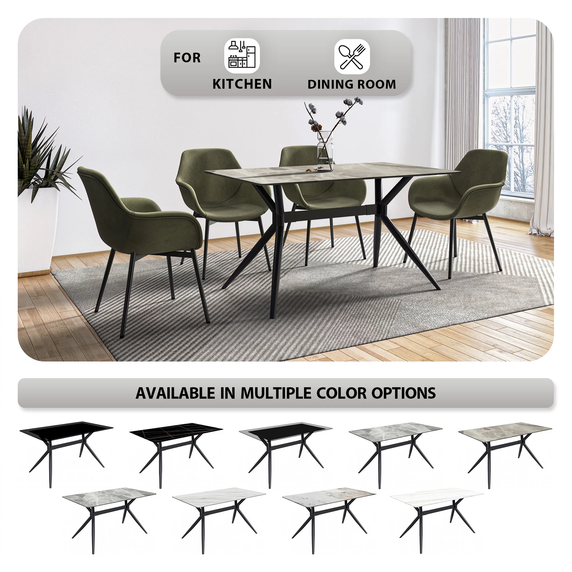 Elega Series Black Stainless Steel Dining Table 55 With Deep Grey Sintered Stone Top