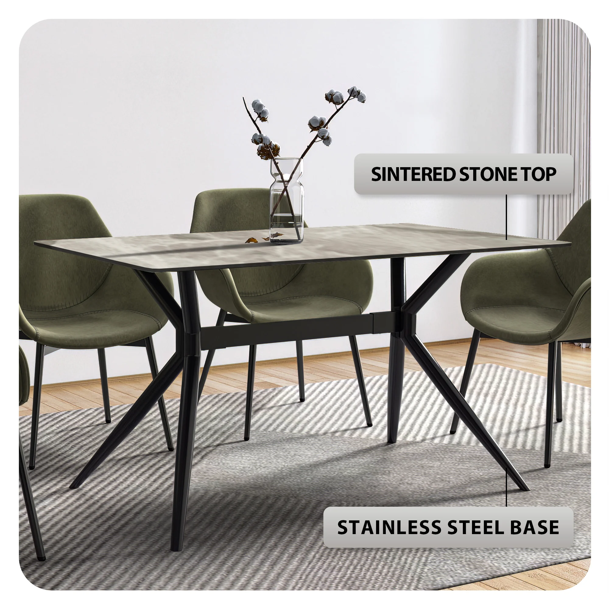 Elega Series Black Stainless Steel Dining Table 55 With Deep Grey Sintered Stone Top