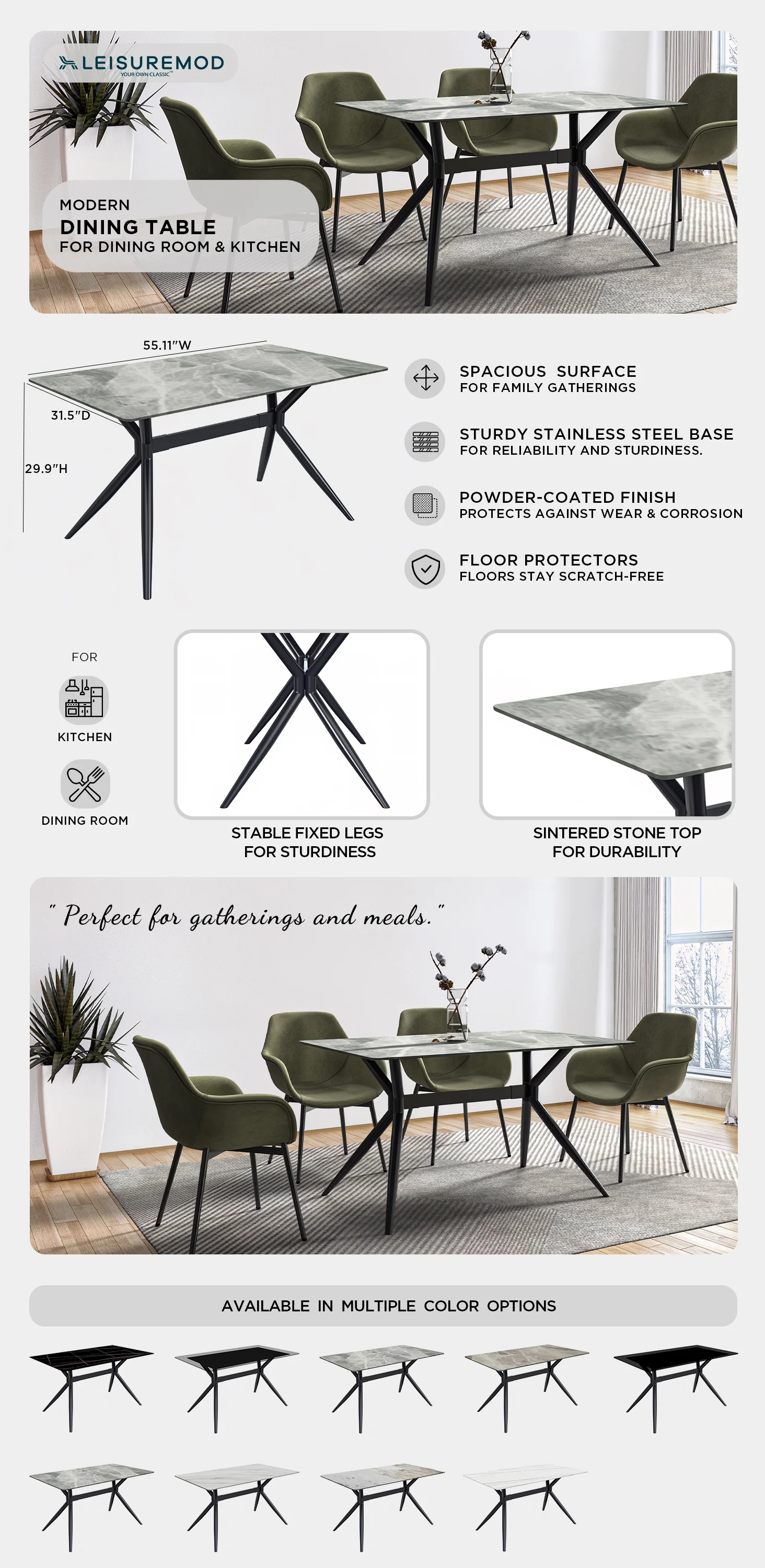 Elega Series Black Stainless Steel Dining Table 55 With Light Grey Sintered Stone Top