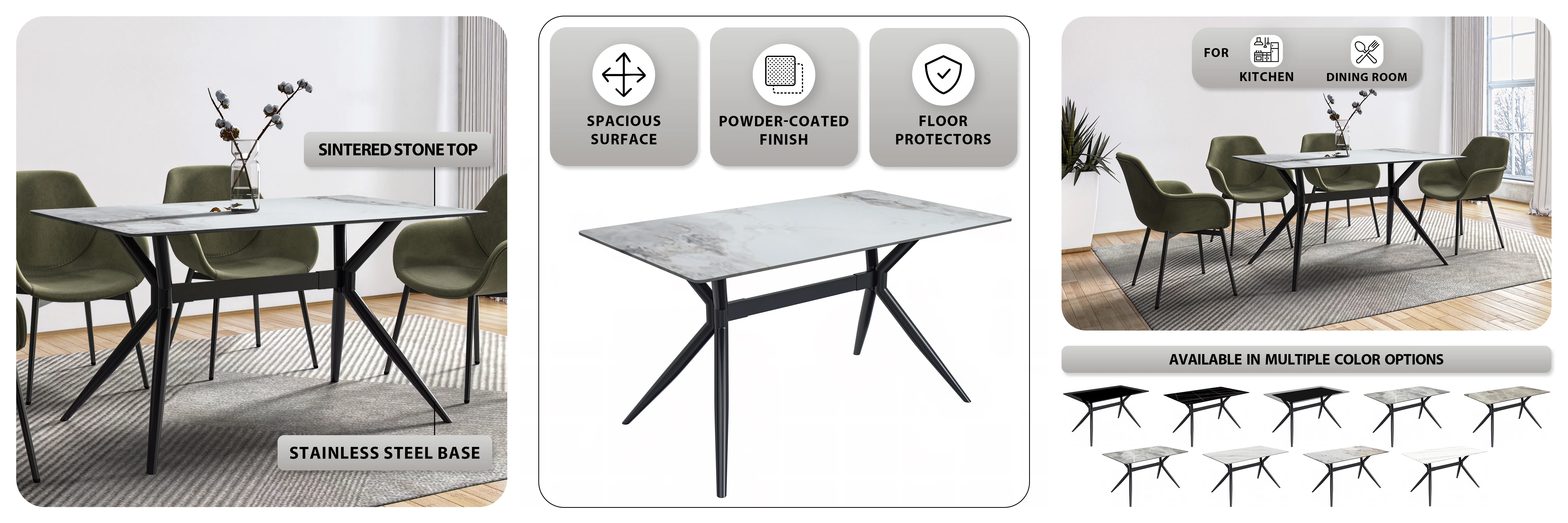 Elega Series Black Stainless Steel Dining Table 55 With Medium Grey Sintered Stone Top