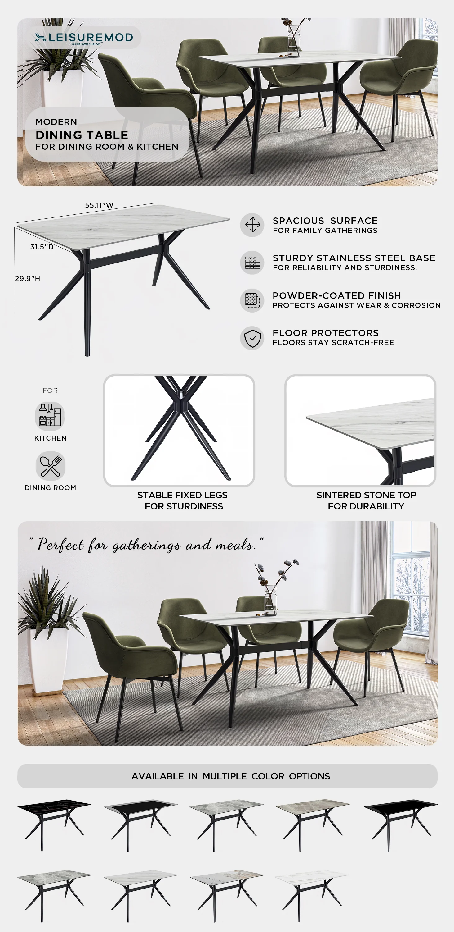 Elega Series Black Stainless Steel Dining Table 55 With White Sintered Stone Top