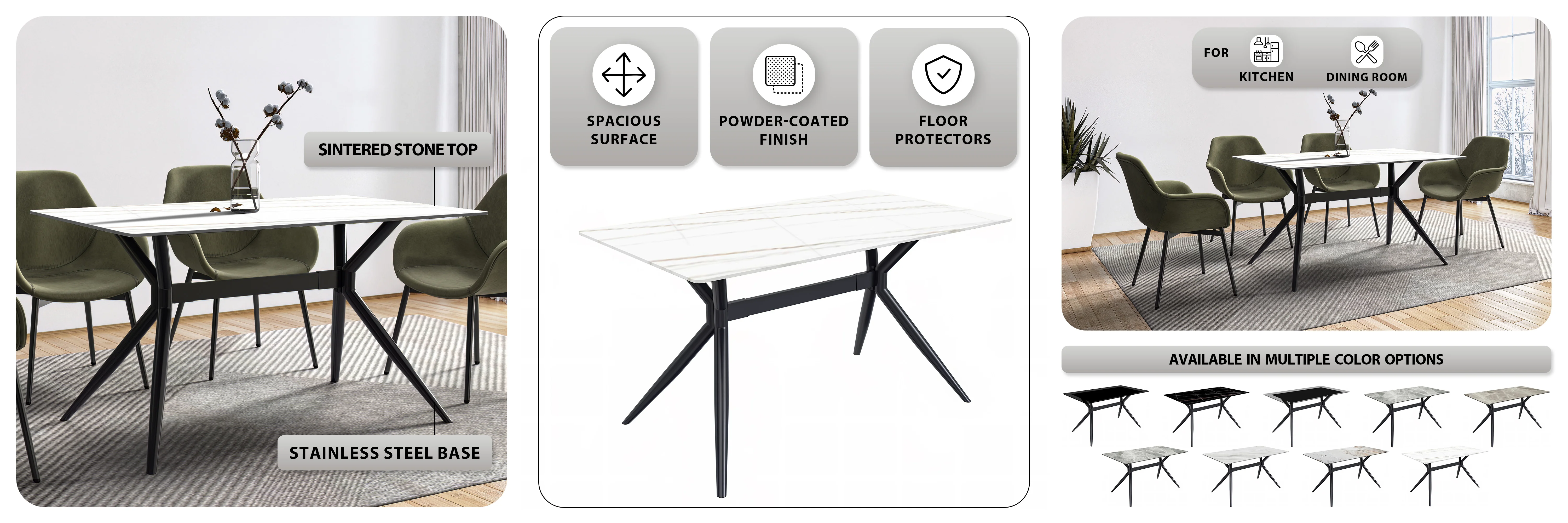 Elega Series Black Stainless Steel Dining Table 55 With White/Gold Sintered Stone Top