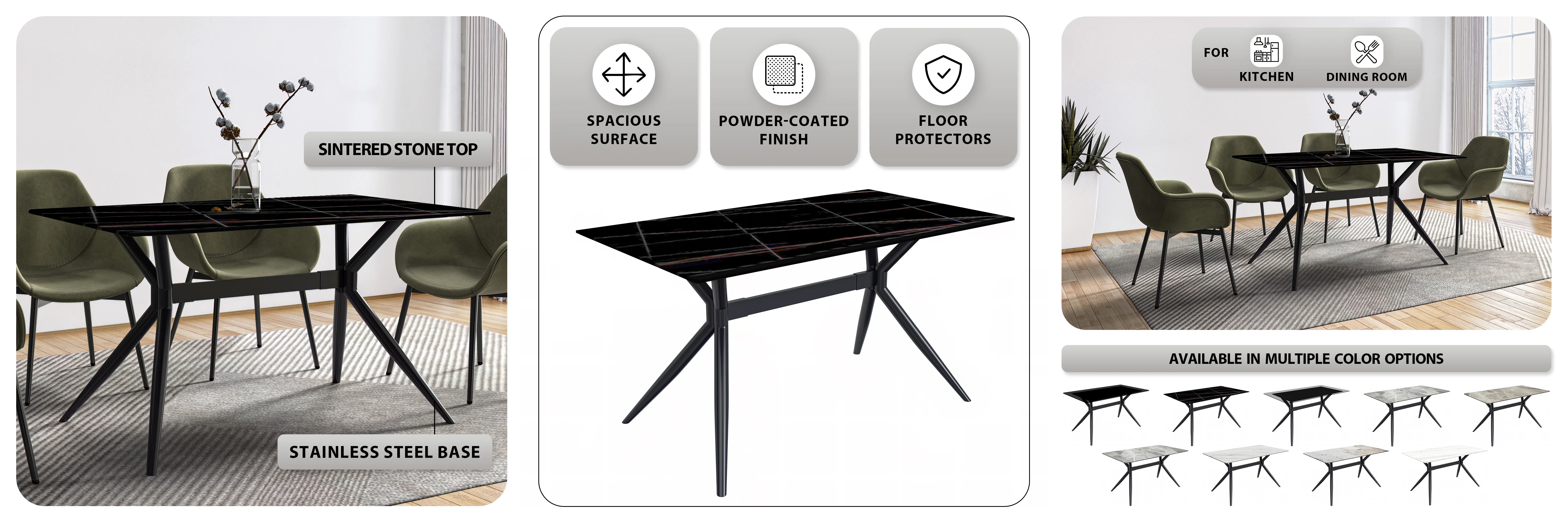 Elega Series Black Carbon Steel Dining Table 62 With Black/Gold Sintered Stone Top