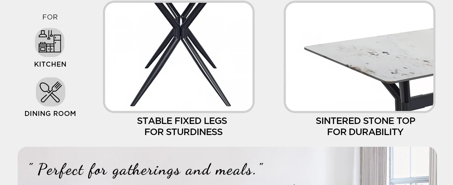 Elega Series Black Carbon Steel Dining Table 62 With White Grey Sintered Stone Top