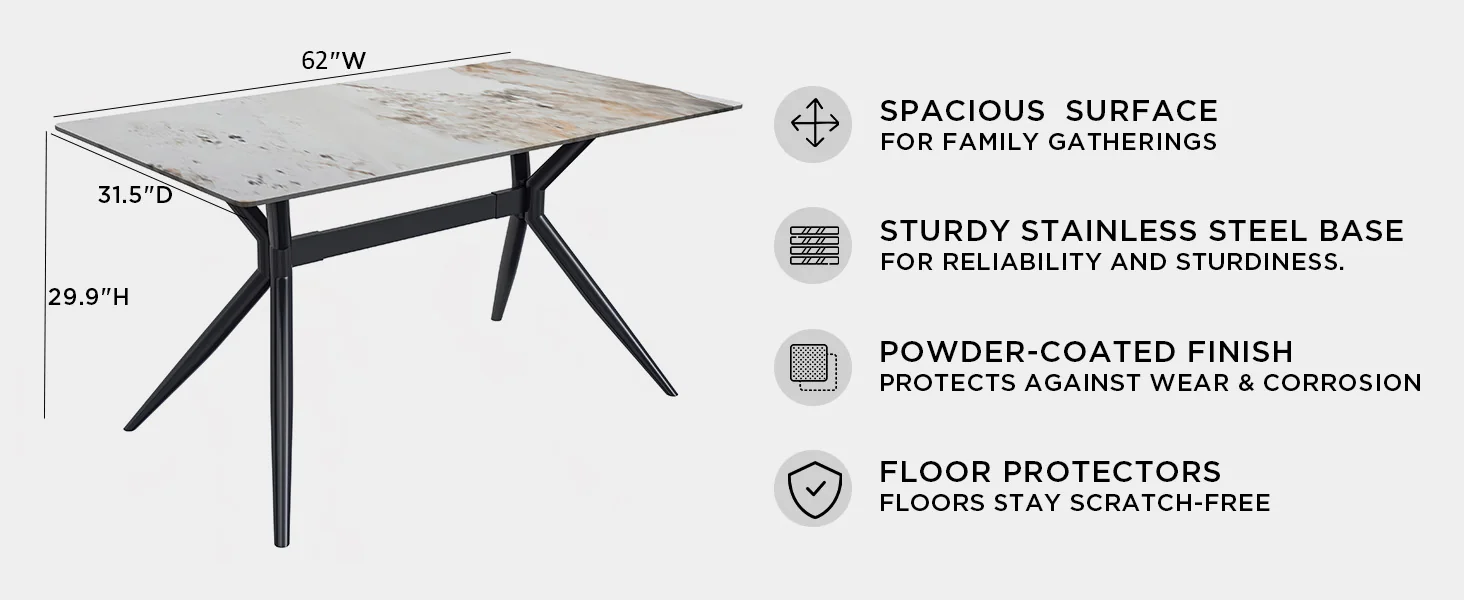 Elega Series Black Carbon Steel Dining Table 62 With White Grey Sintered Stone Top