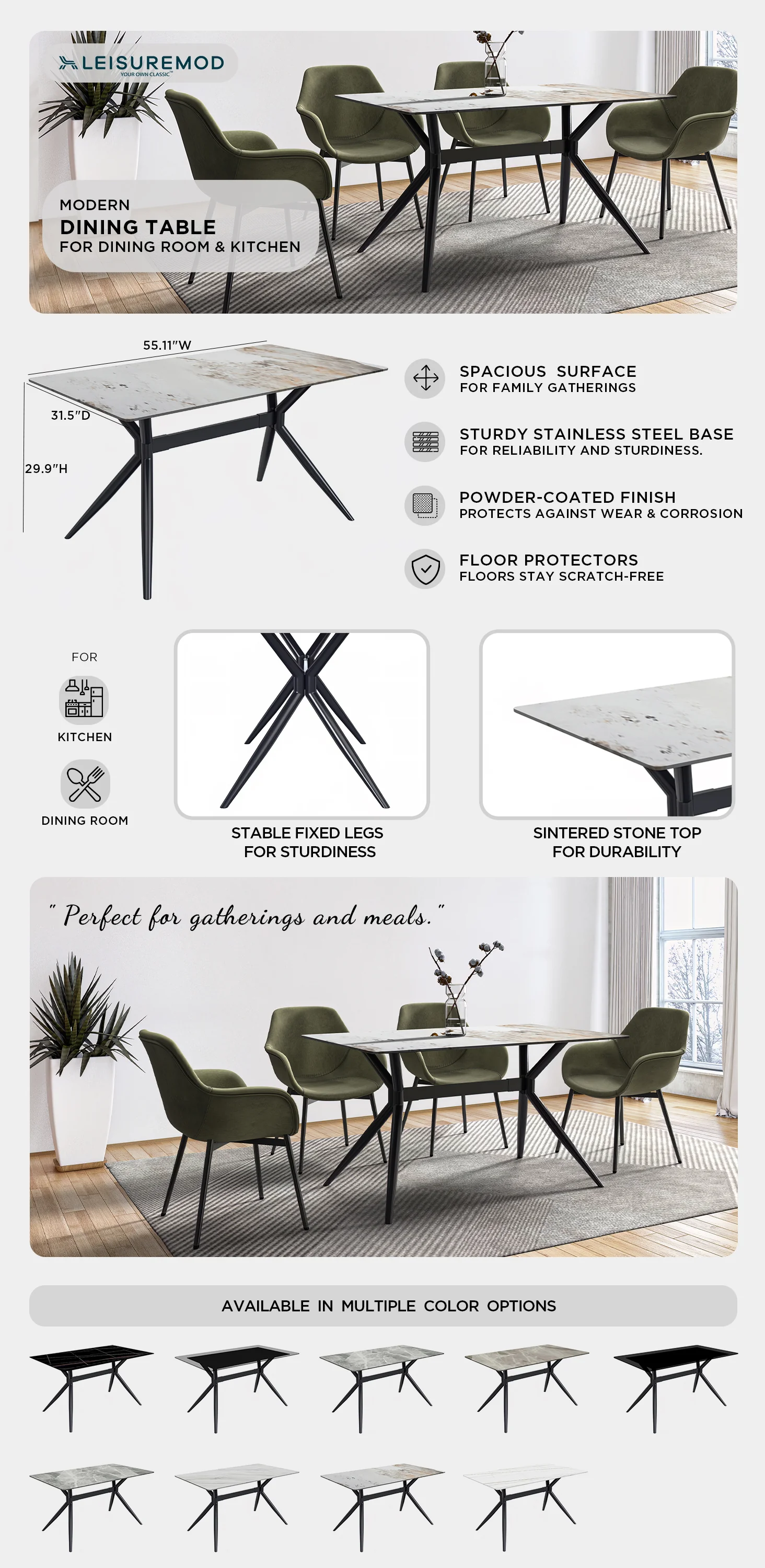 Elega Series Black Carbon Steel Dining Table 62 With White Grey Sintered Stone Top