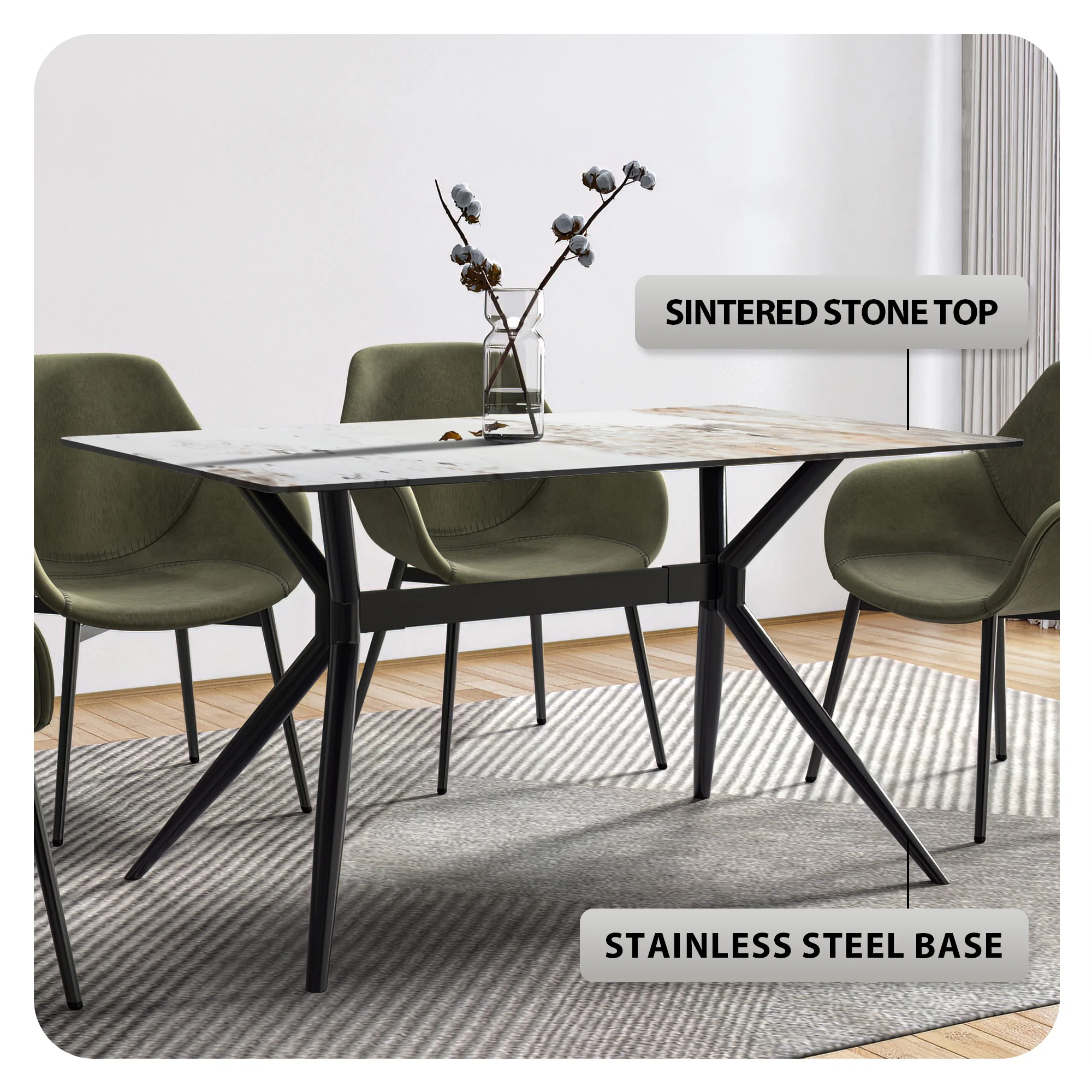 Elega Series Black Carbon Steel Dining Table 62 With White Grey Sintered Stone Top