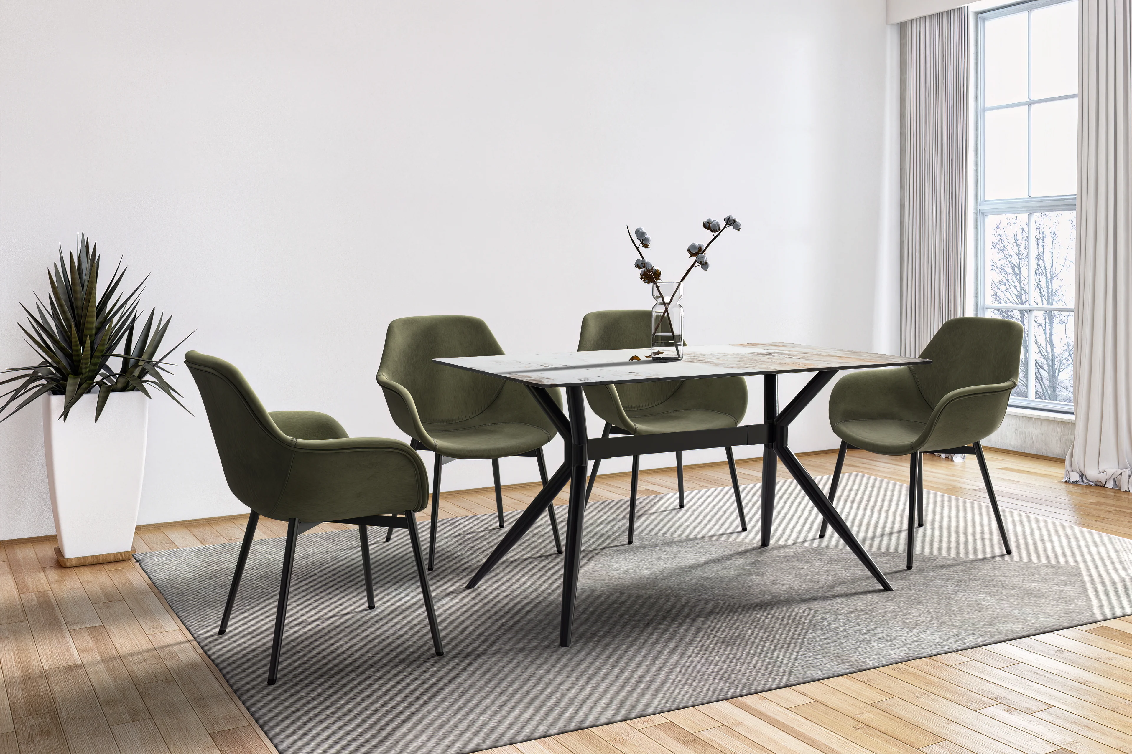 Elega Series Black Carbon Steel Dining Table 62 With White Grey Sintered Stone Top