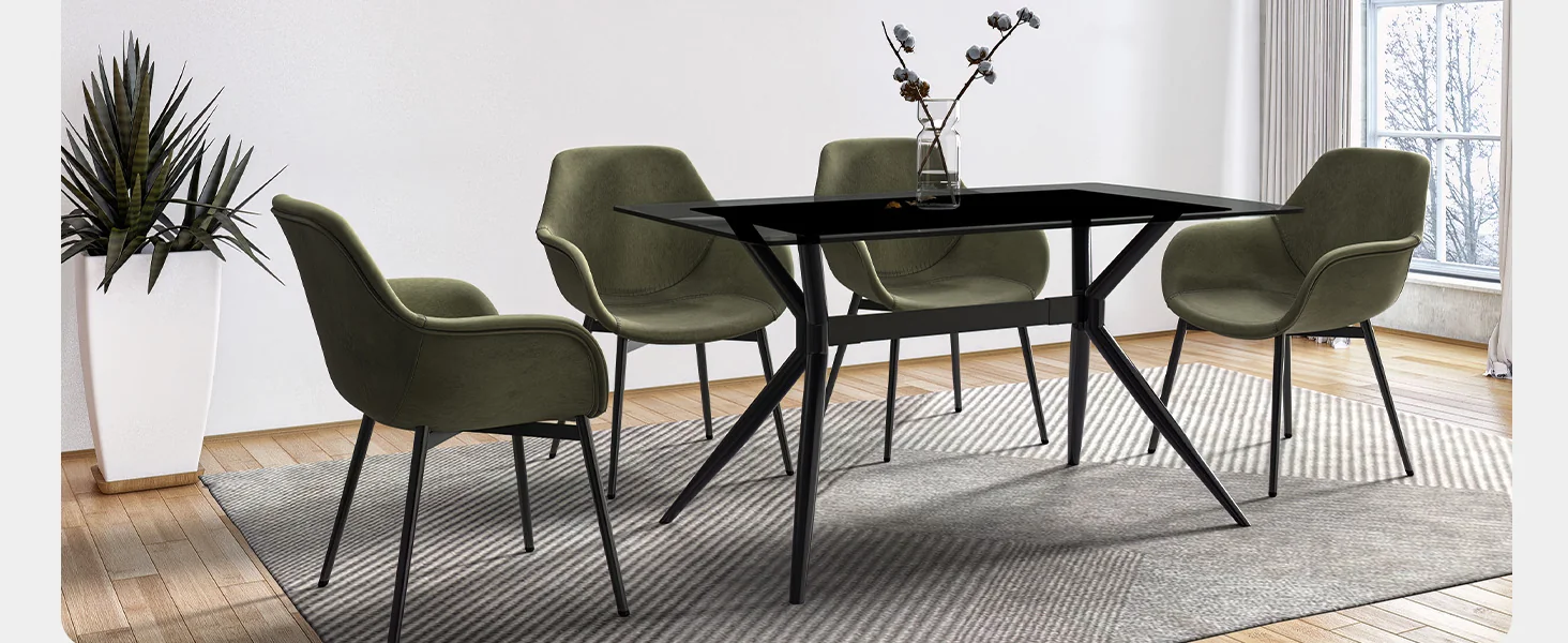 Elega Series Black Carbon Steel Dining Table 62 With Clear Glass Top