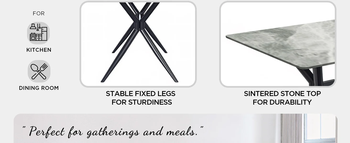 Elega Series Black Carbon Steel Dining Table 62 With Light Grey Sintered Stone Top