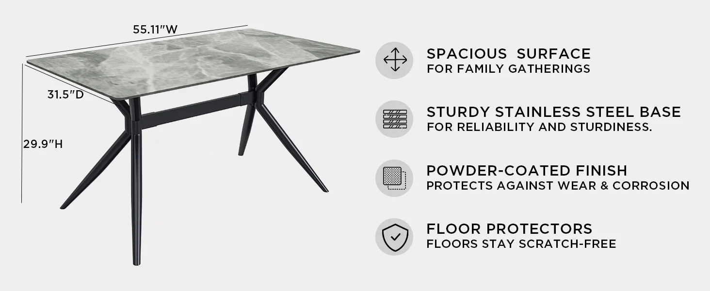 Elega Series Black Carbon Steel Dining Table 62 With Light Grey Sintered Stone Top
