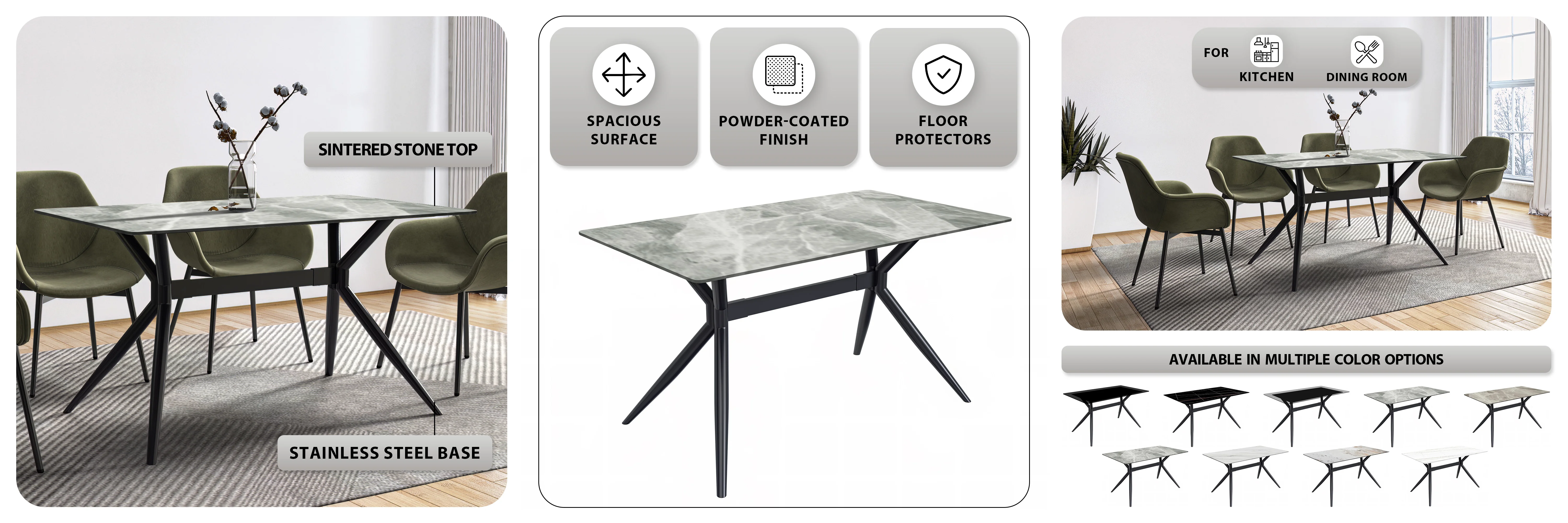 Elega Series Black Carbon Steel Dining Table 62 With Light Grey Sintered Stone Top