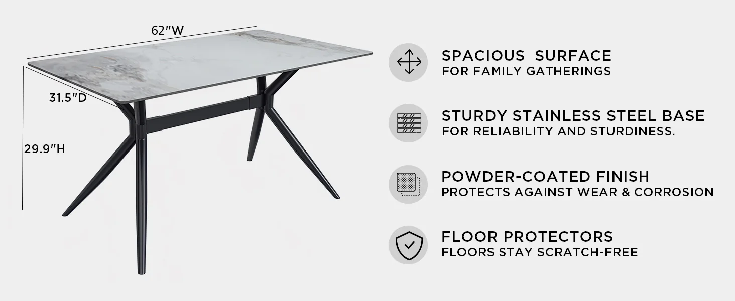 Elega Series Black Carbon Steel Dining Table 62 With Medium Grey Sintered Stone Top