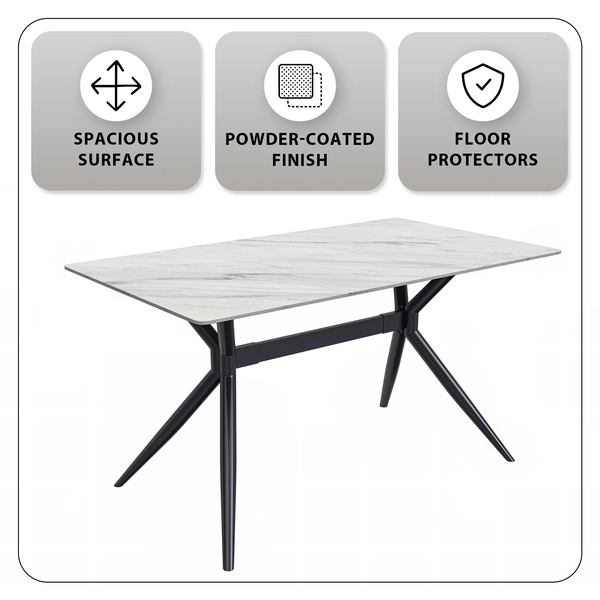 Elega Series Black Carbon Steel Dining Table 62 With White Sintered Stone Top