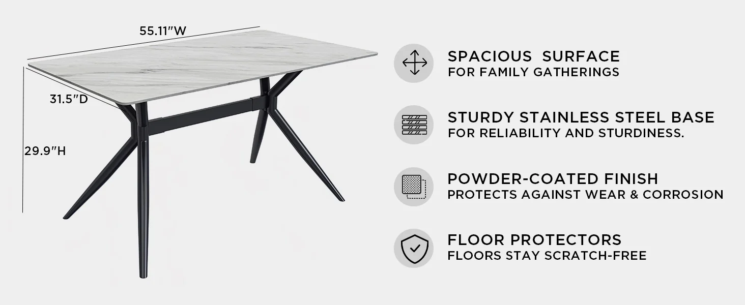 Elega Series Black Carbon Steel Dining Table 62 With White Sintered Stone Top