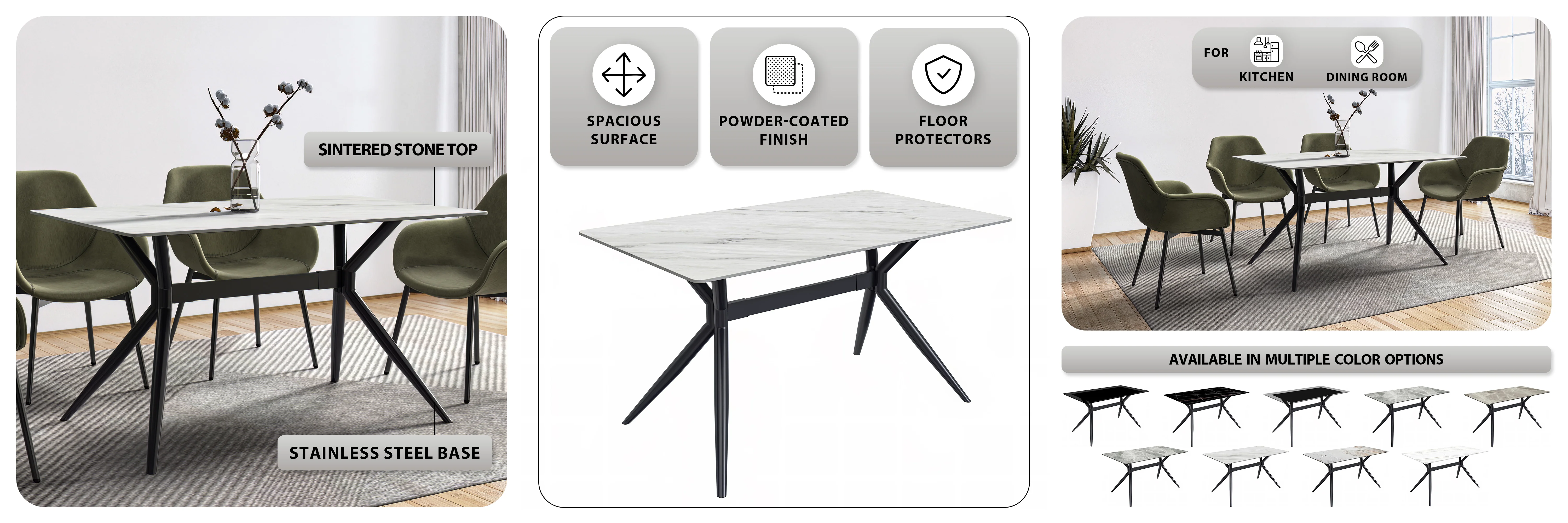 Elega Series Black Carbon Steel Dining Table 62 With White Sintered Stone Top
