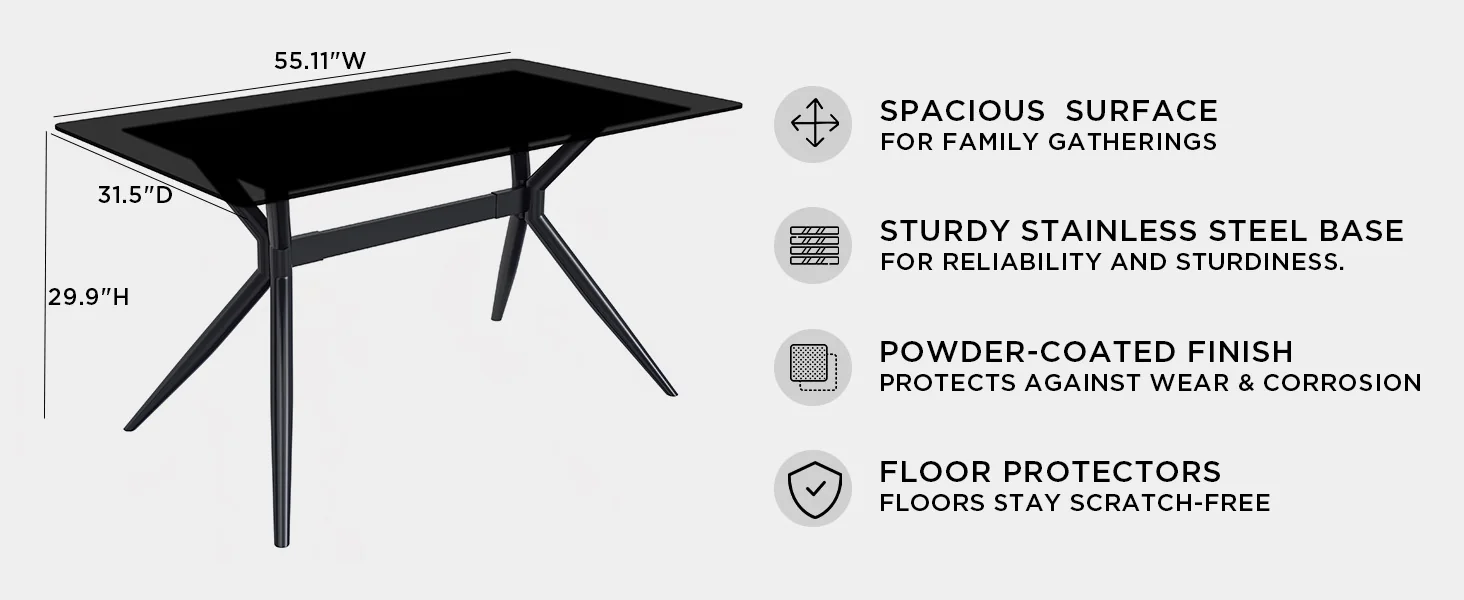 Elega Series Black Carbon Steel Dining Table 71 With Black Glass Top