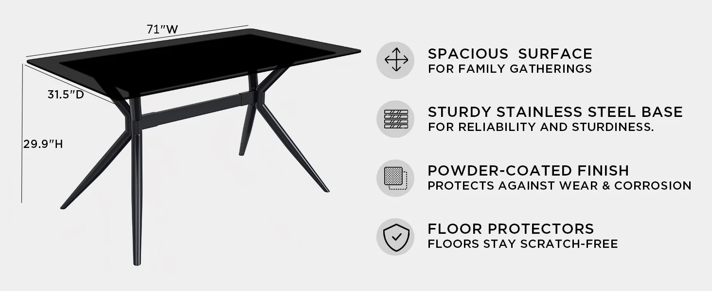 Elega Series Black Carbon Steel Dining Table 71 With Black Glass Top