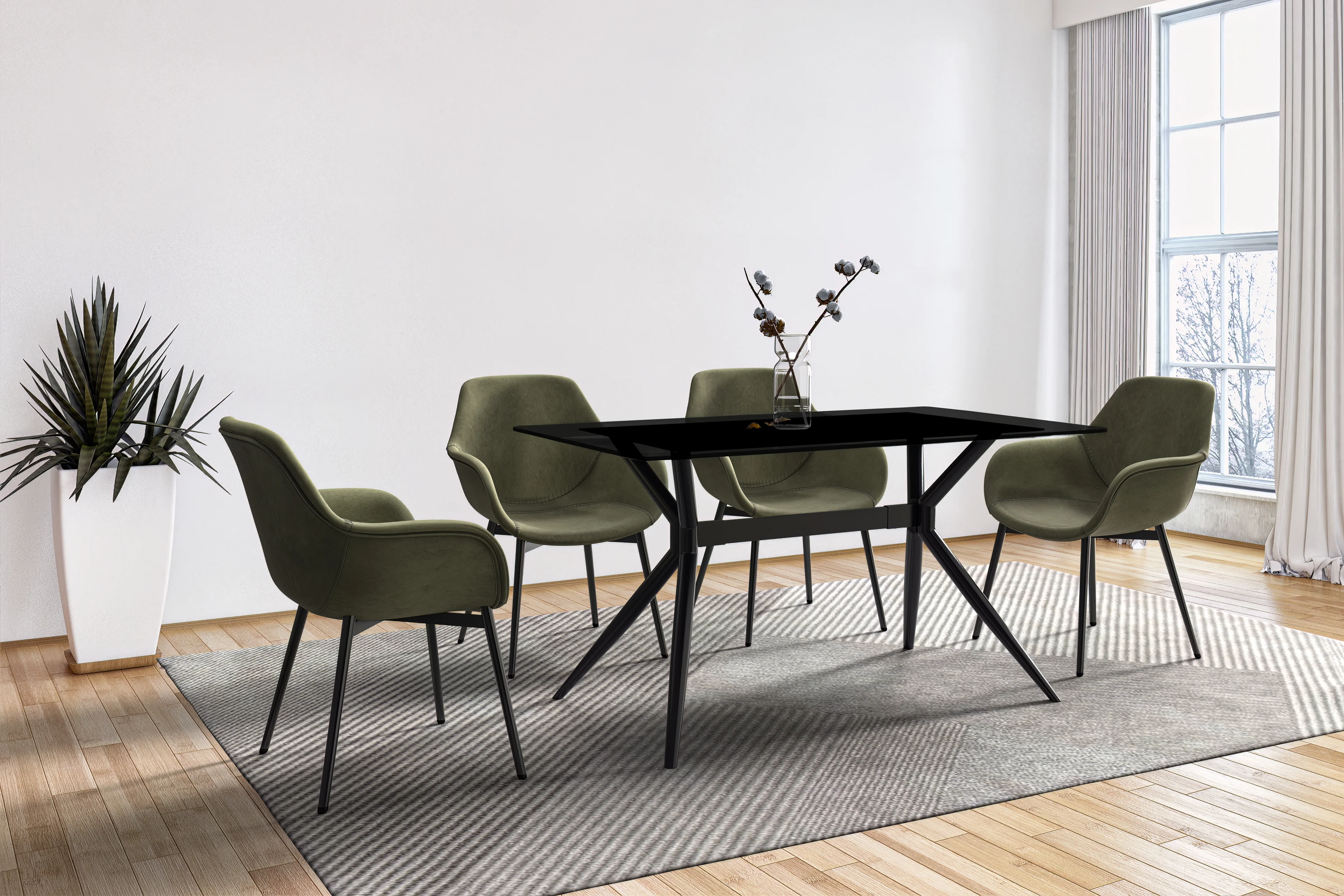 Elega Series Black Carbon Steel Dining Table 71 With Black Glass Top