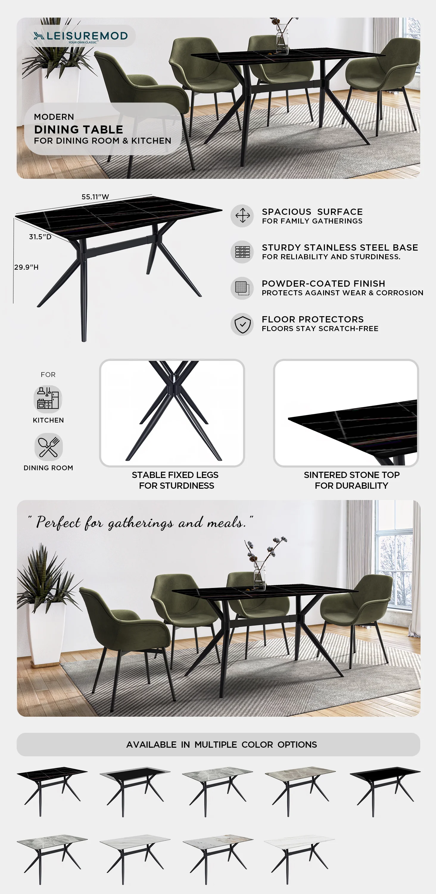 Elega Series Black Carbon Steel Dining Table 71 With Black/Gold Sintered Stone Top